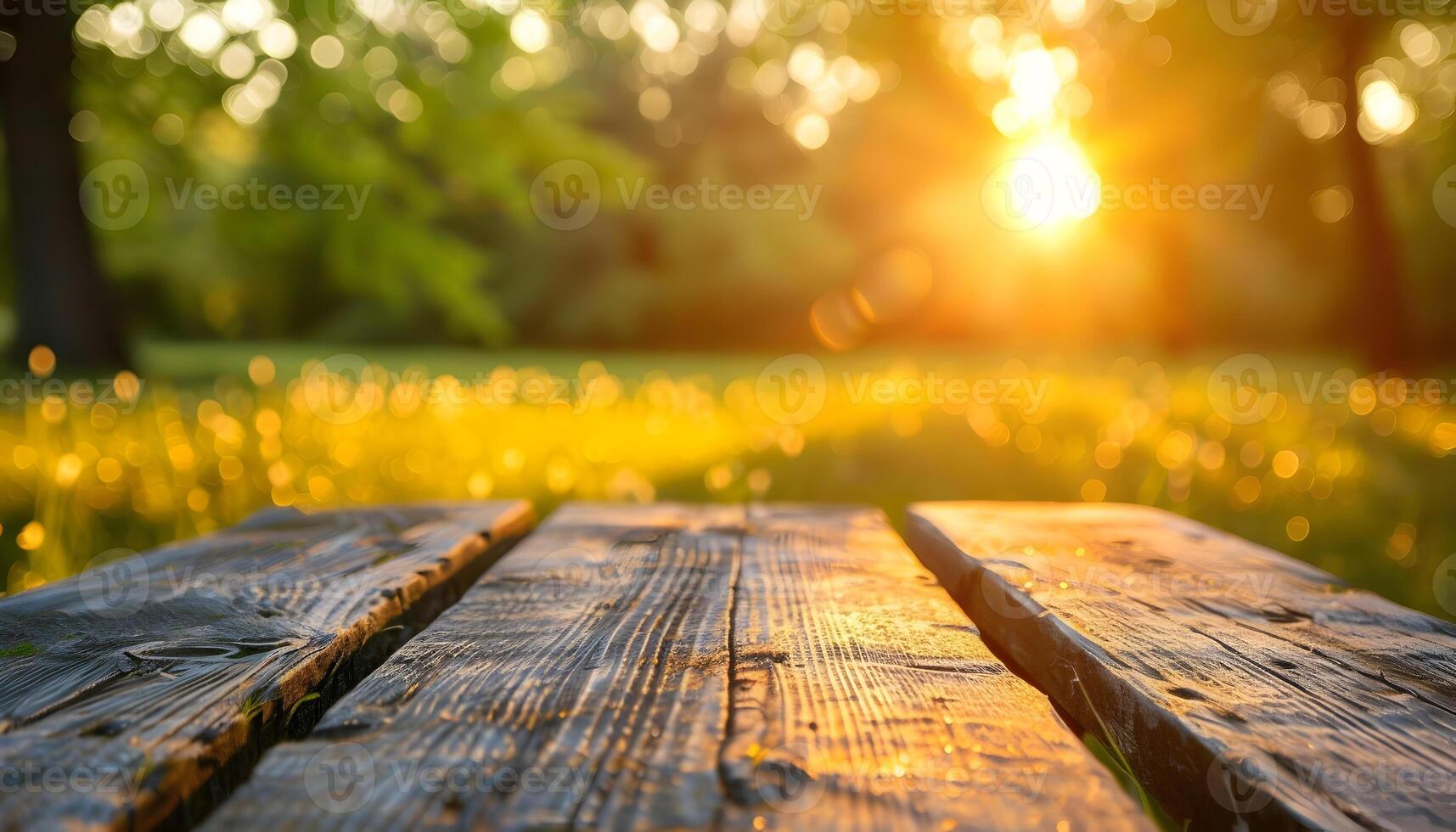 ai generado un de madera mesa en el medio de un campo con el Dom ajuste foto