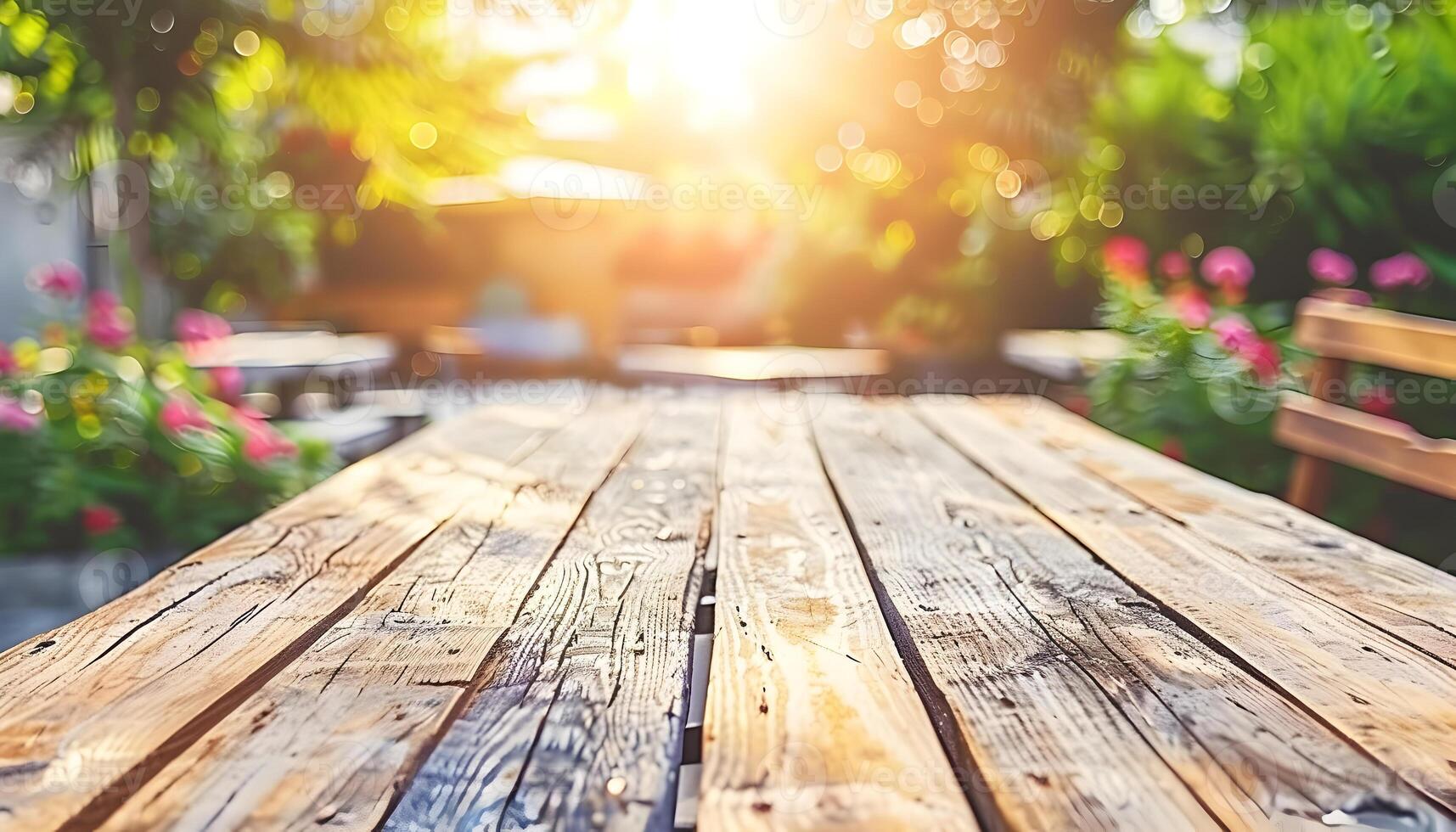 AI generated an empty wooden table in the sun photo