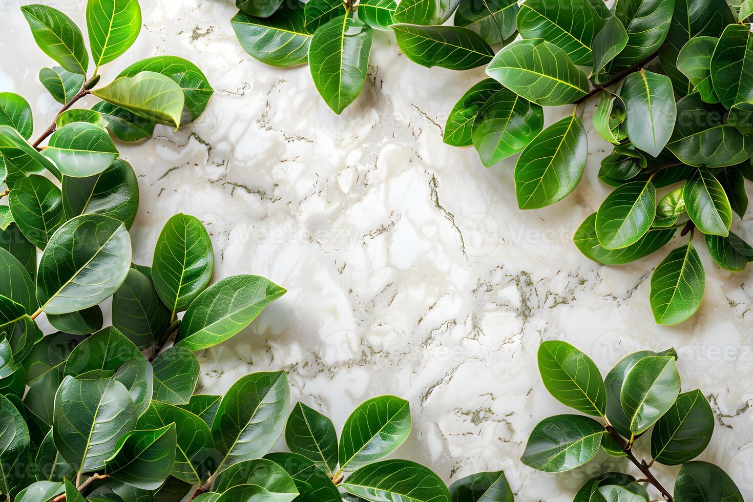 AI generated green leaves on marble surface photo