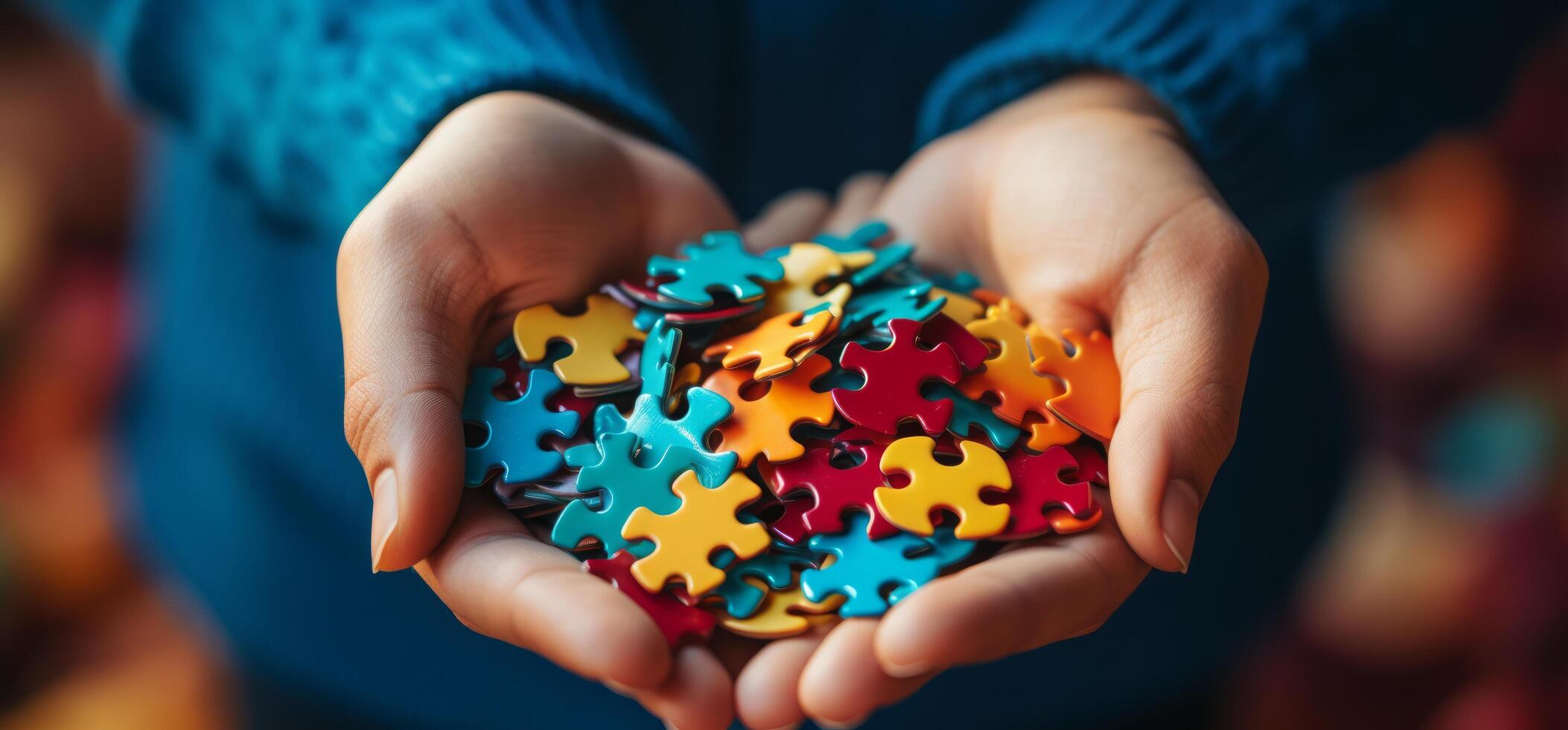 AI generated hands of people holding a colorful puzzle that is designed for autism photo