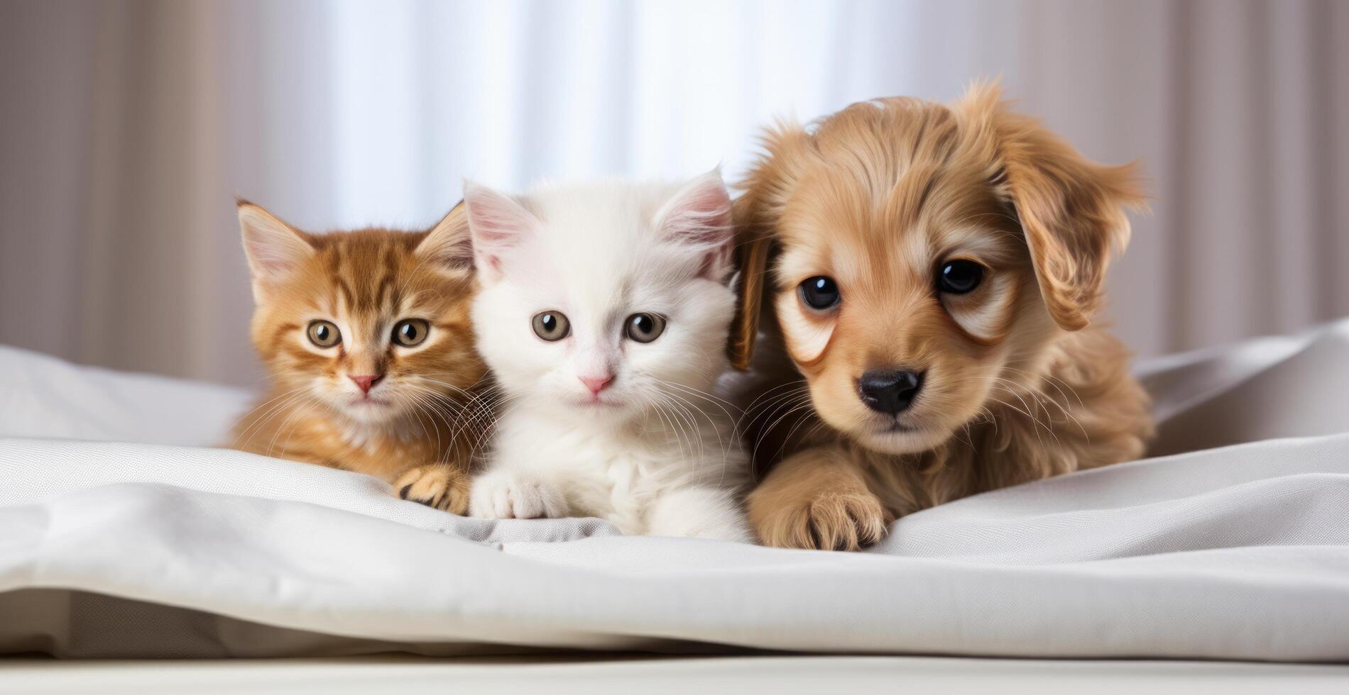 AI generated two small cats and a dog laying on top of a white cloth photo