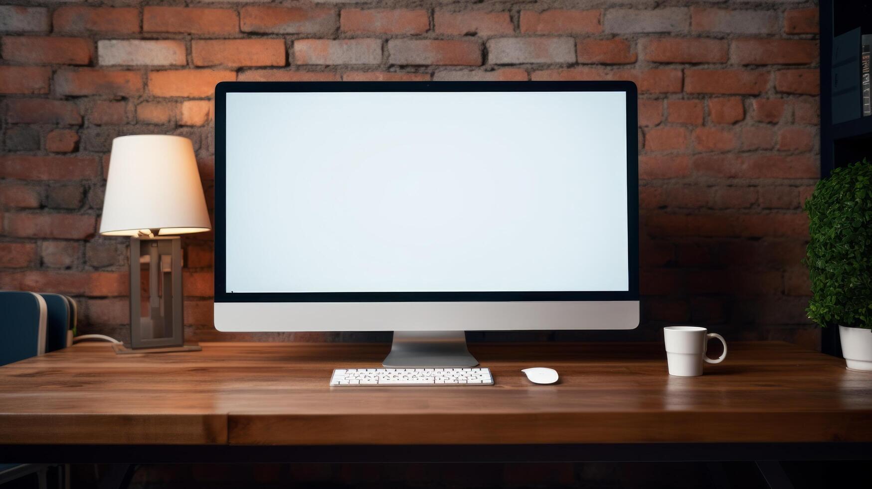 AI generated white desk with white computer screen photo