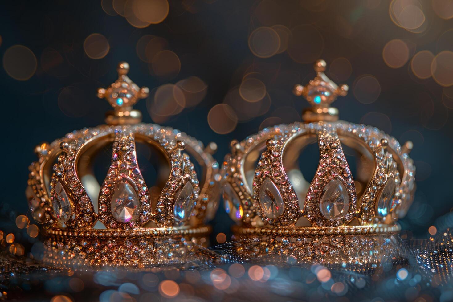AI generated two crowns standing with glitter on a table photo