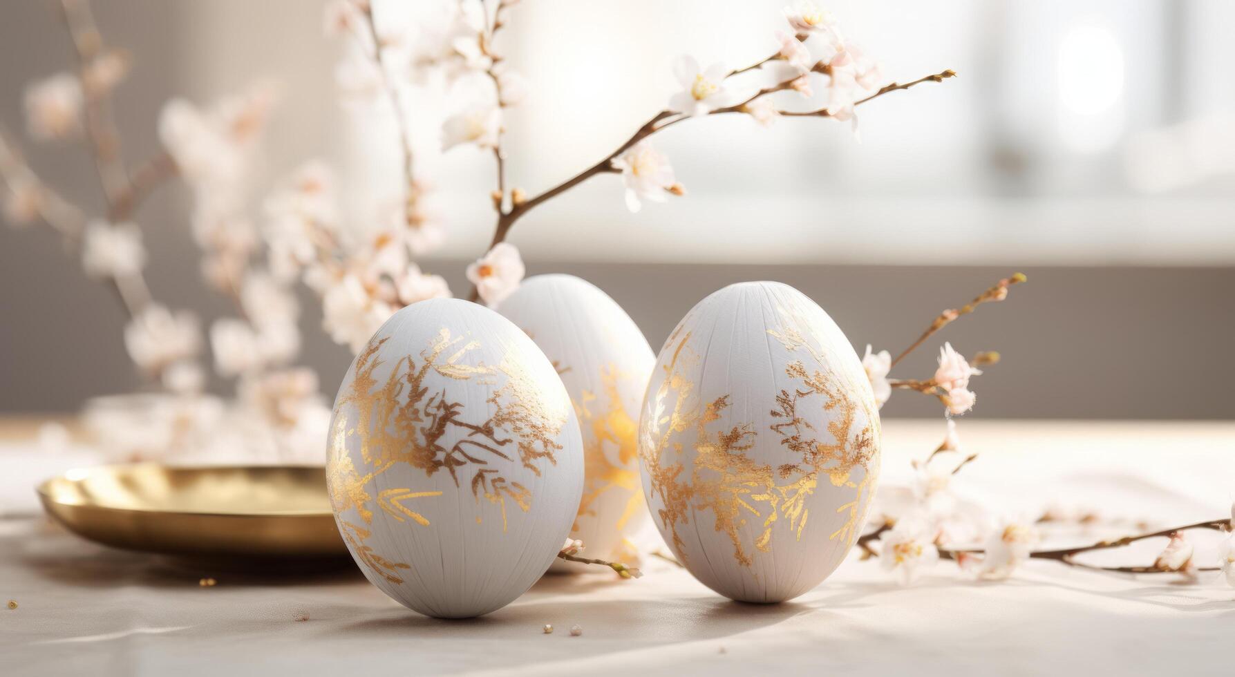 AI generated two easter eggs are placed on a table and decorated with gold photo