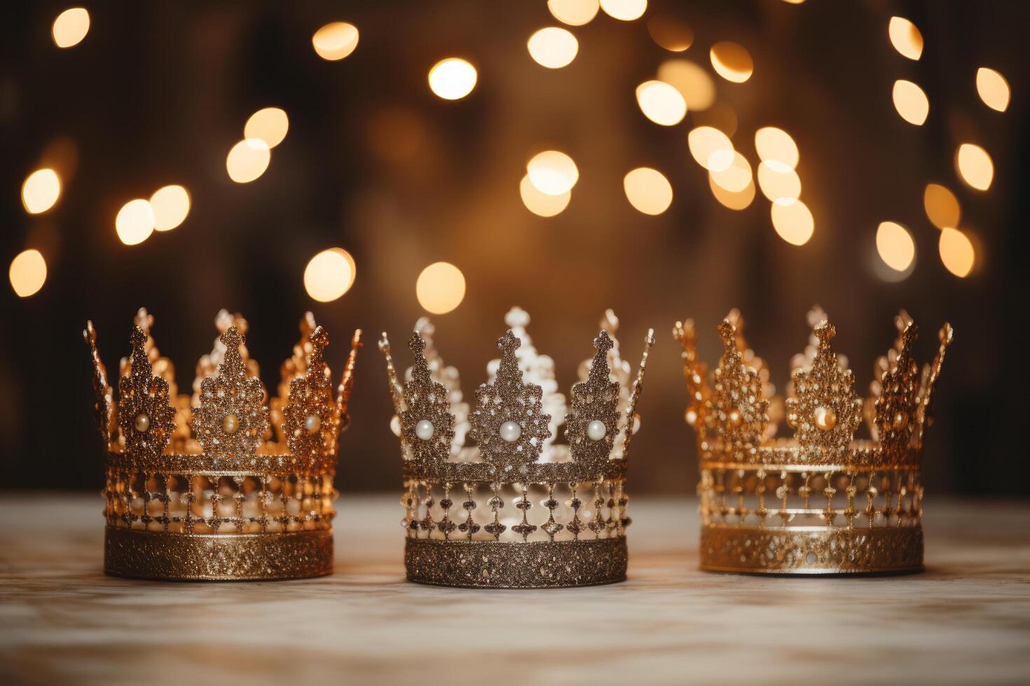 AI generated three crowns on silver and gold tables in front of sparkling lights photo