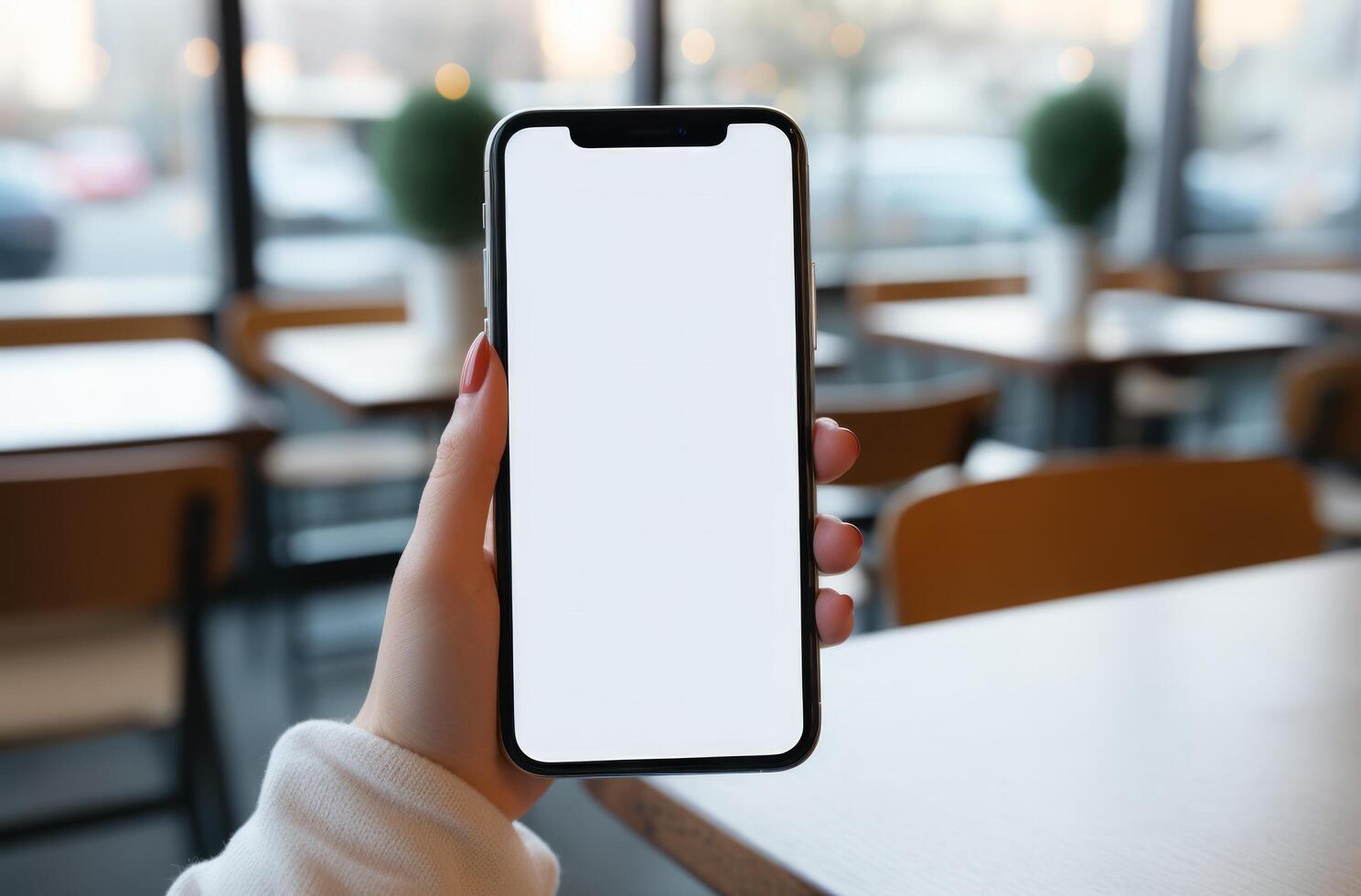 AI generated woman hand holding smartphone in her hands on wooden table photo