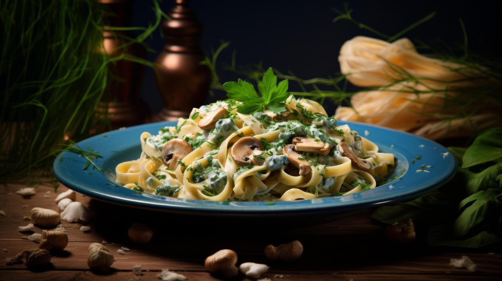 AI generated mushroom fettuccine with green herbs on wooden background photo