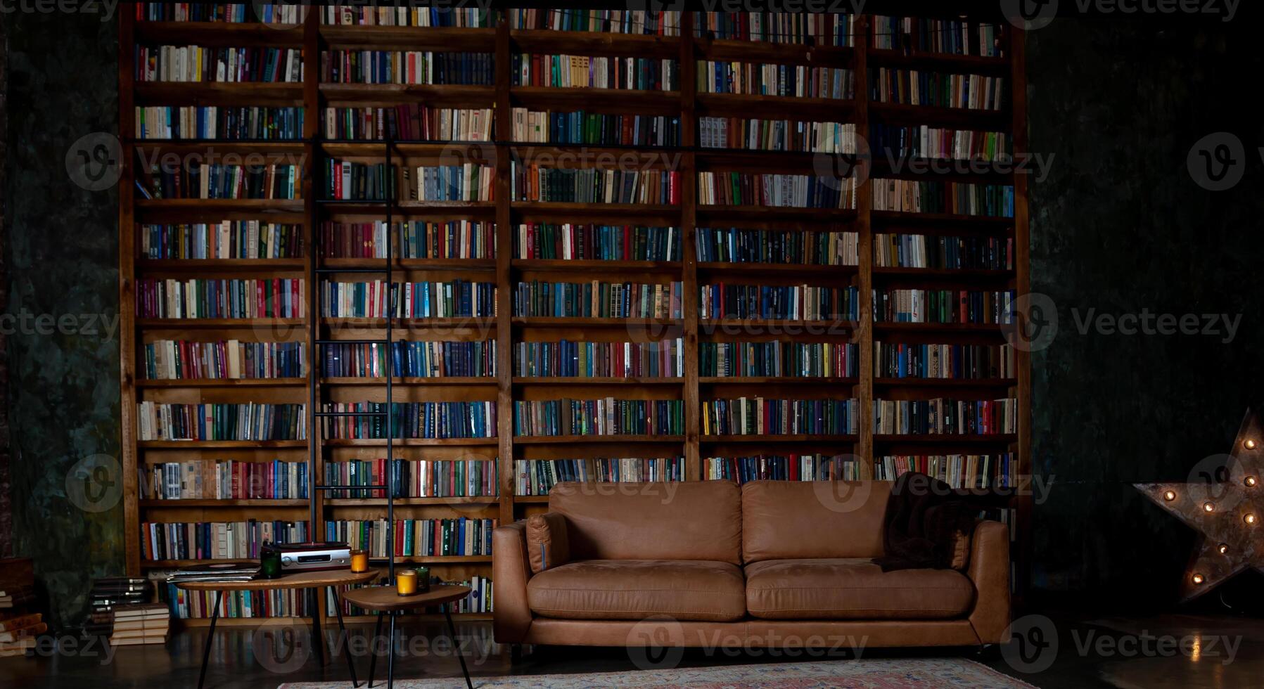 Book background. Selective focus. Blurred texture of old books. Bookshelves in the library photo