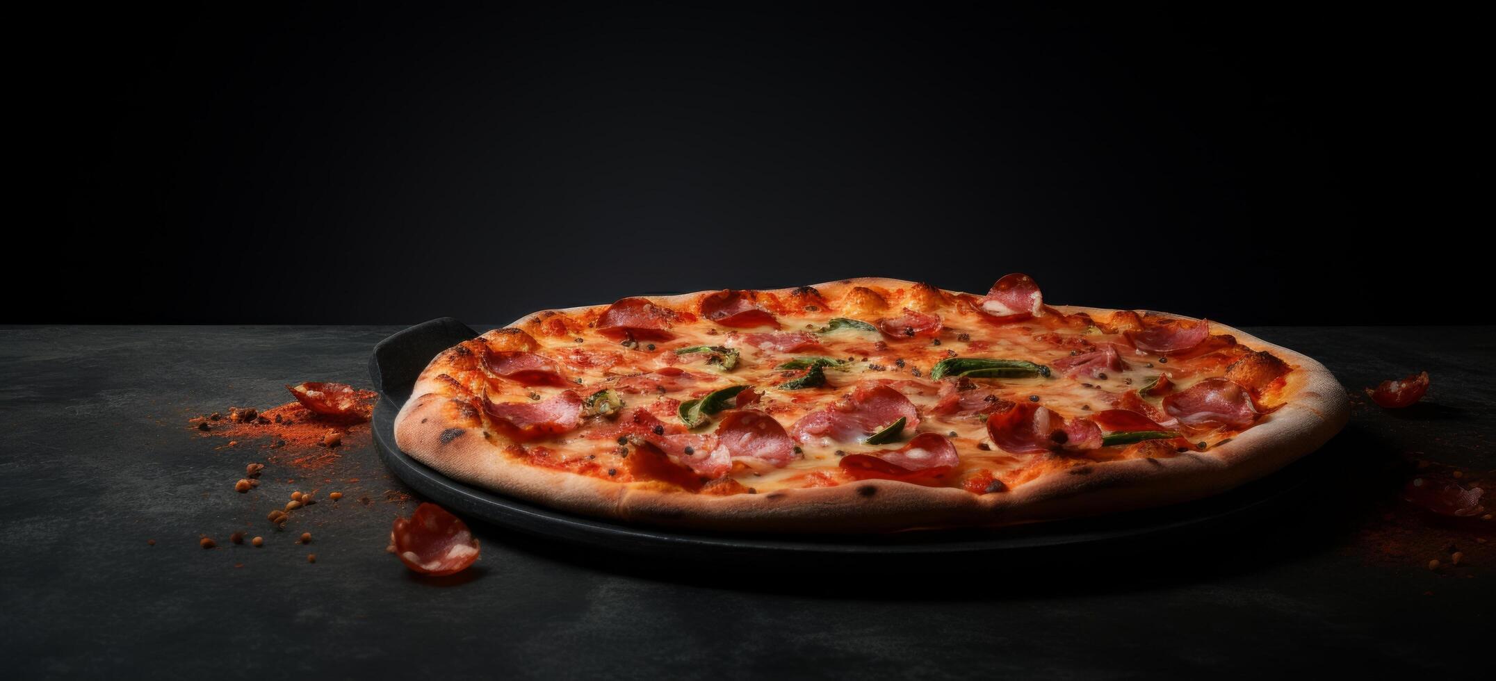 AI generated the top of a pizza on dark background photo