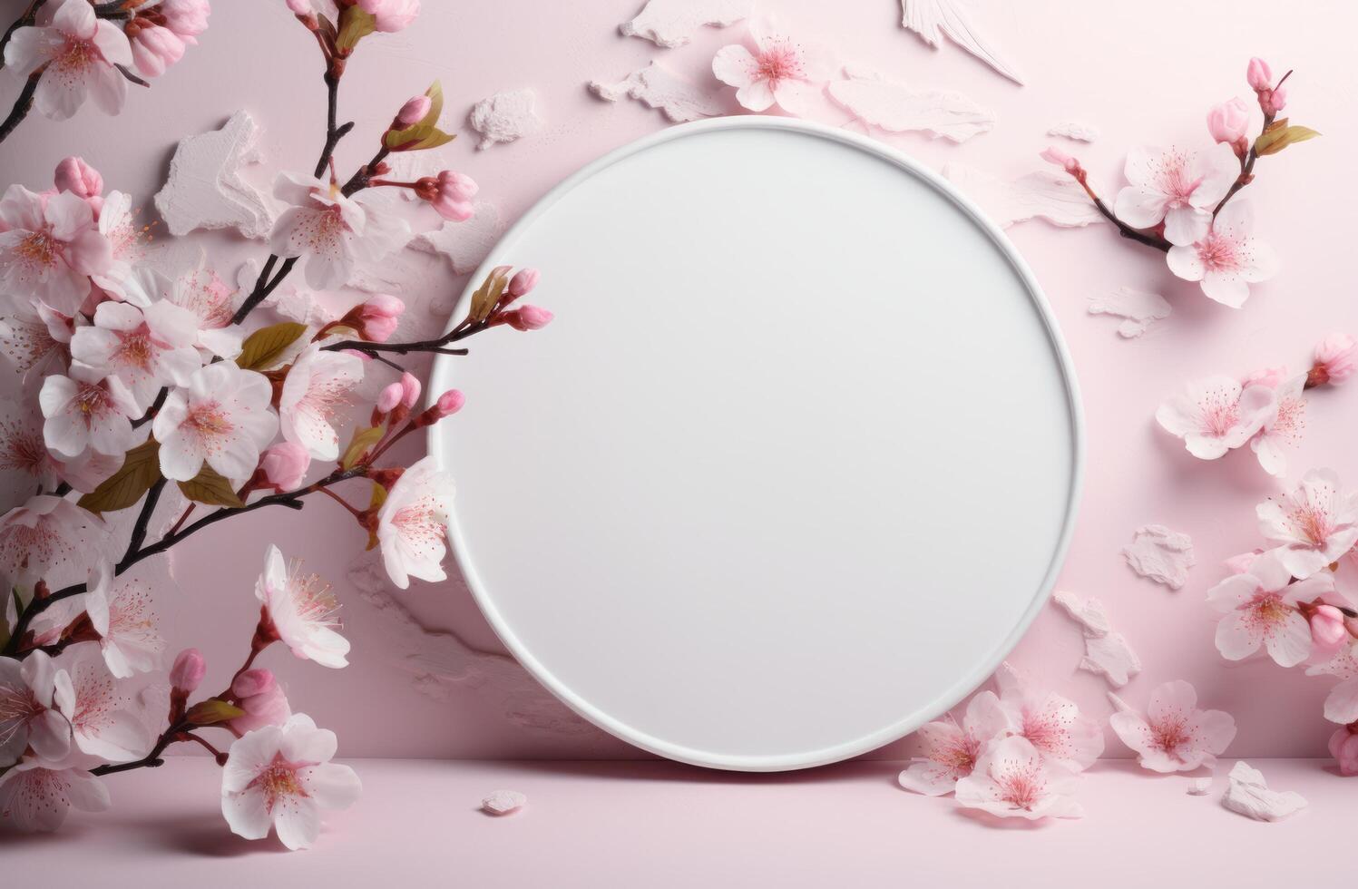 AI generated this image contains an empty circle surrounded by pink blossoms photo