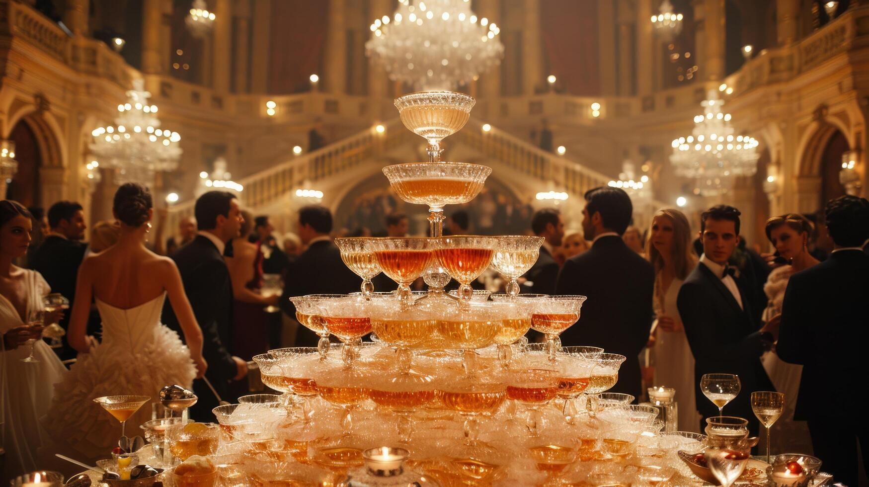AI generated Many Glasses of Wine on Large Table photo