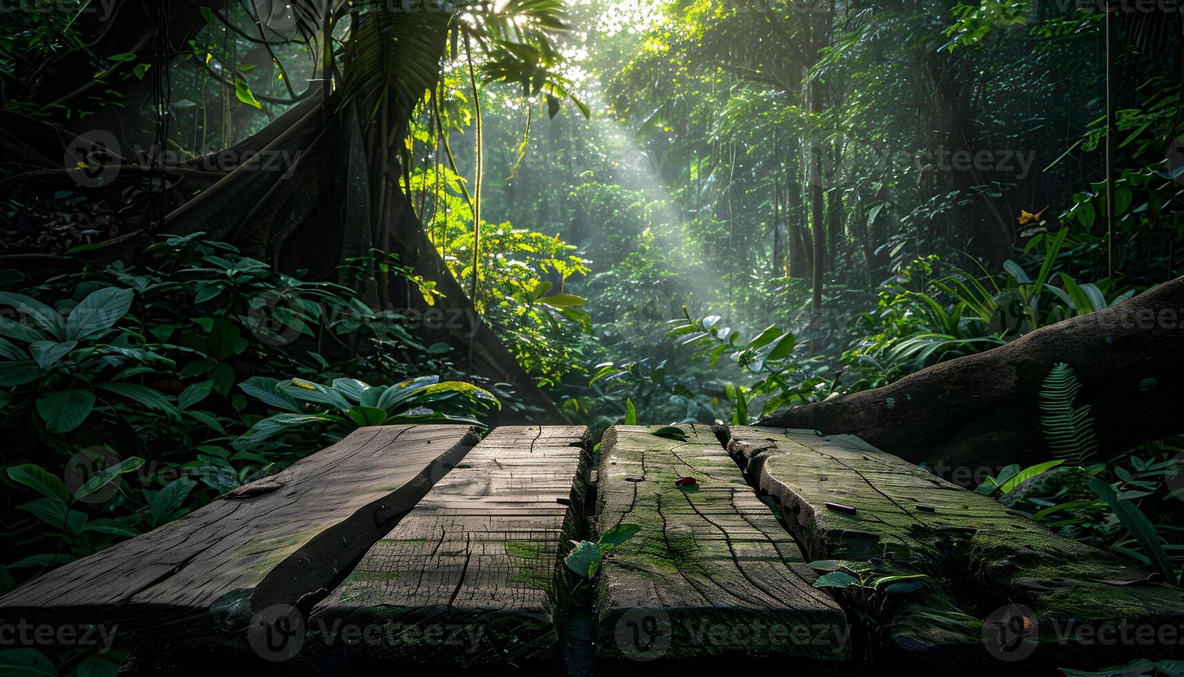 AI generated a wooden bench in the middle of a jungle photo