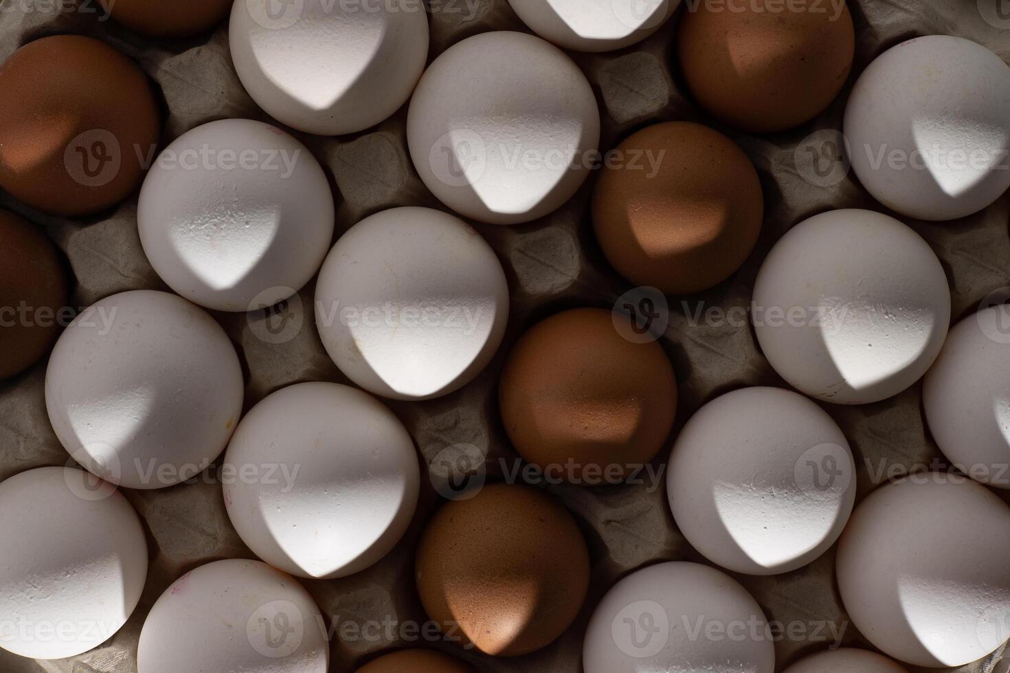 Egg background. White and brown eggs in a tray. Protein food. Eco organic. photo
