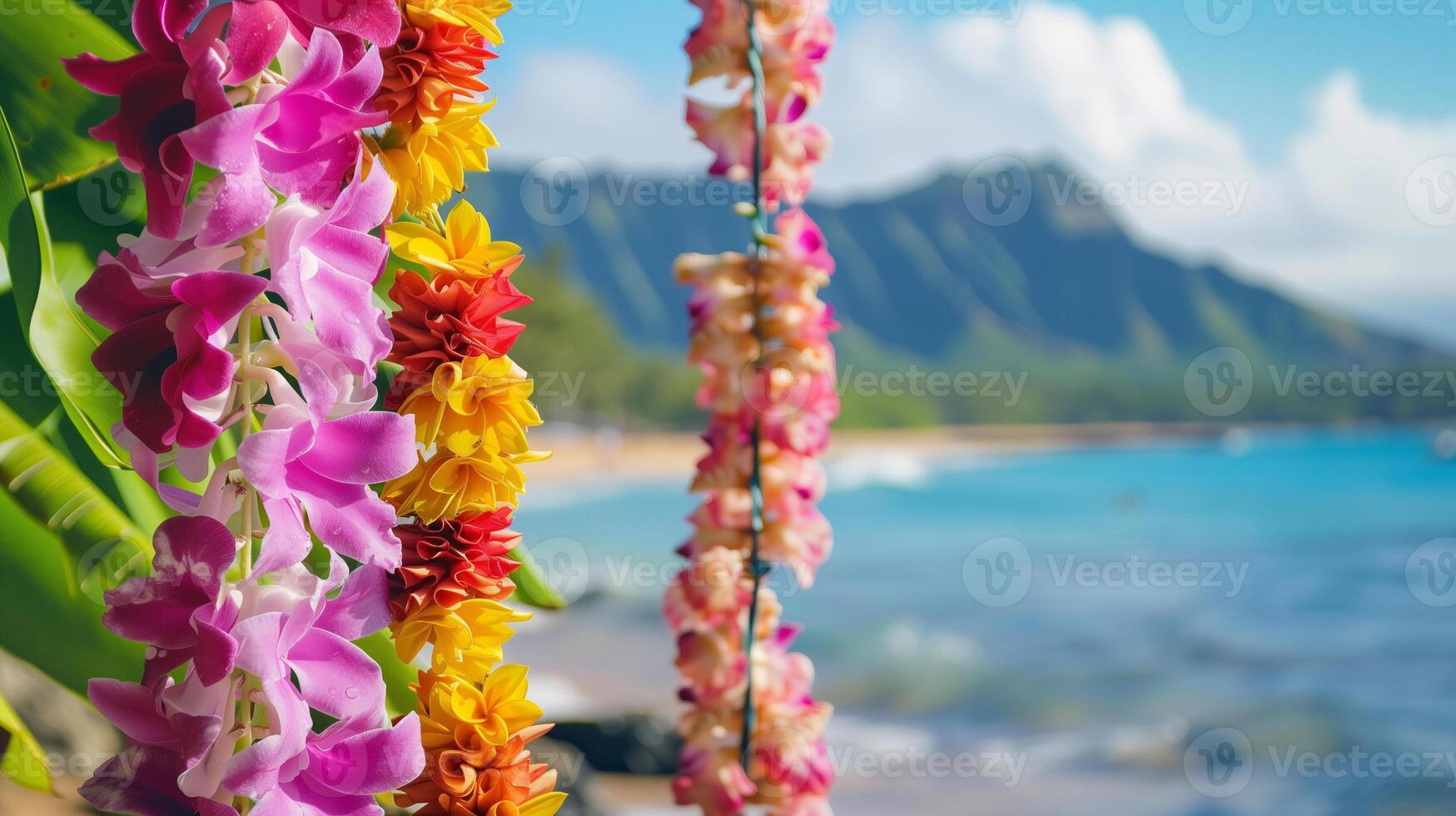 Tropical flower lei garlands over Hawaiian coastal view. Lei Day, cultural celebration in Hawaii at May 1st template with empty copy space for text photo