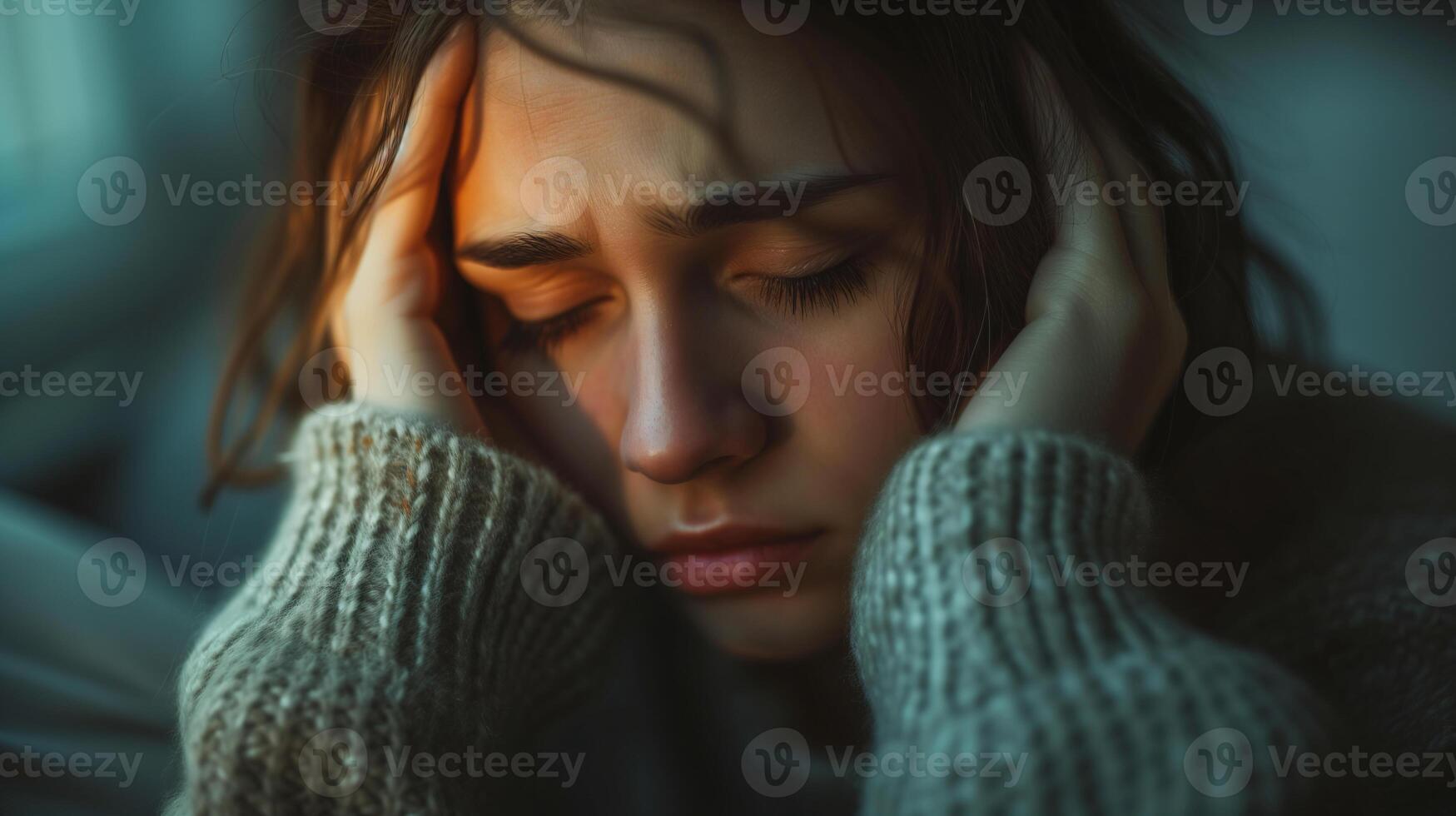 AI generated Pretty young woman holds her head with both hands, eyes closed. She is upset and stressed.  Mental health, stress, emotional struggle concept. photo