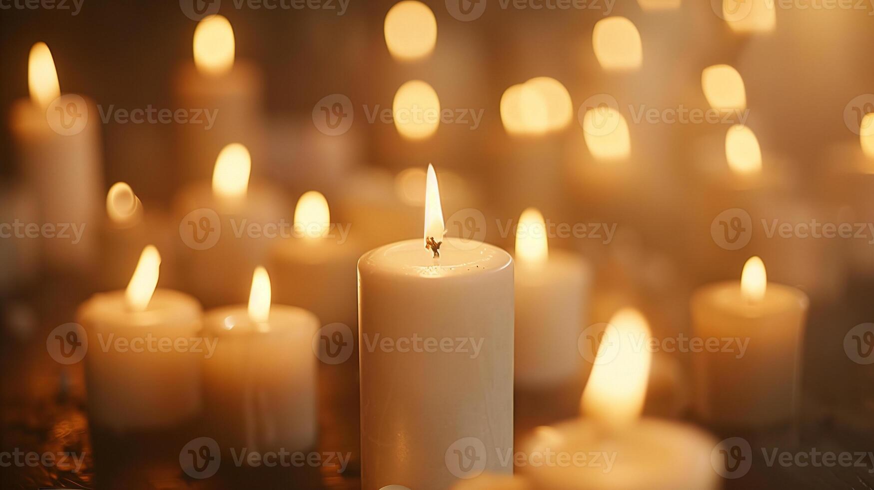 AI generated Background with a lot of burning candles. Candlelight vigil, memorial, spiritual mournful atmosphere. photo