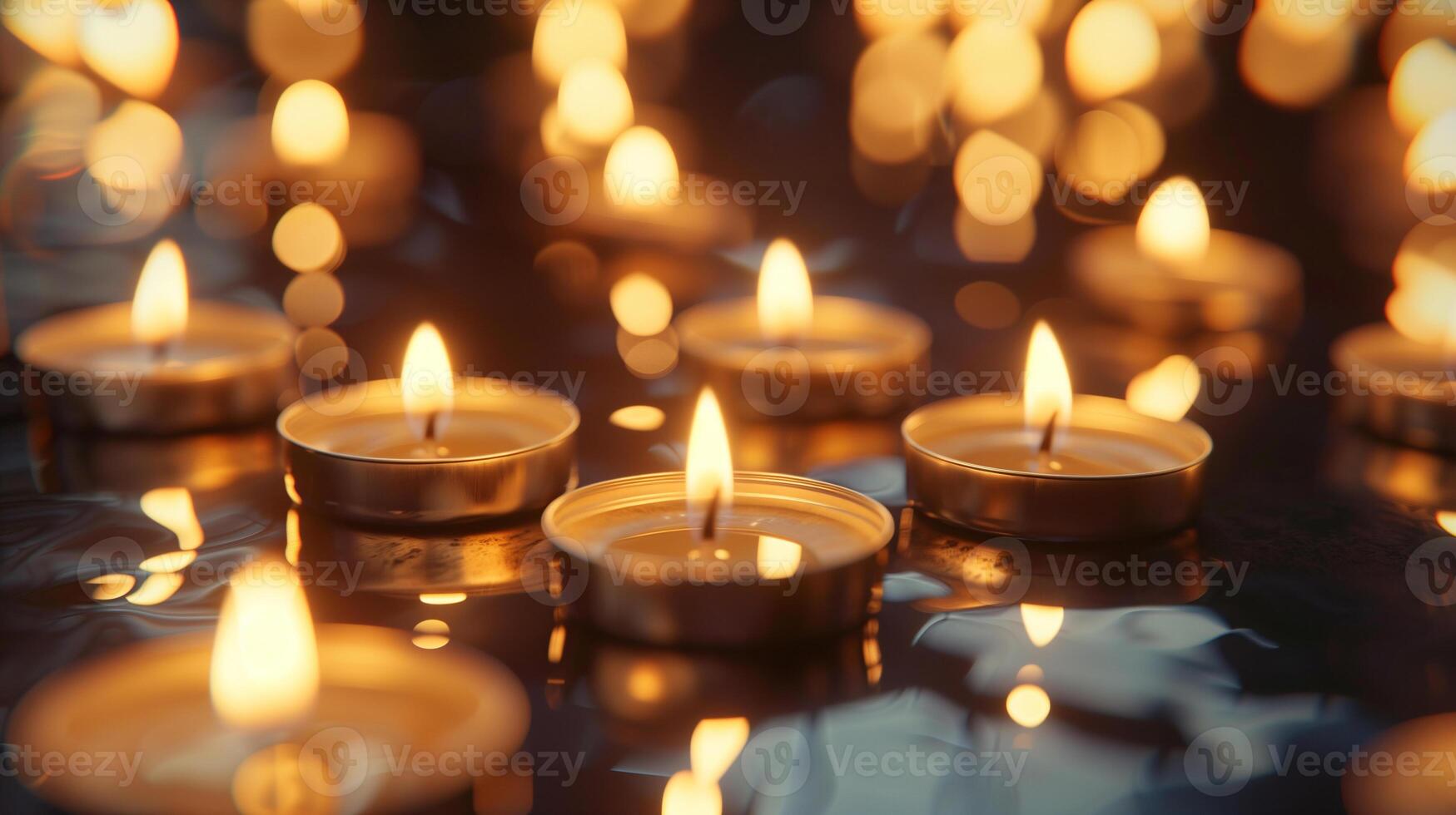 AI generated Background with a lot of burning tealight candles. Candlelight vigil, memorial, spiritual atmosphere photo