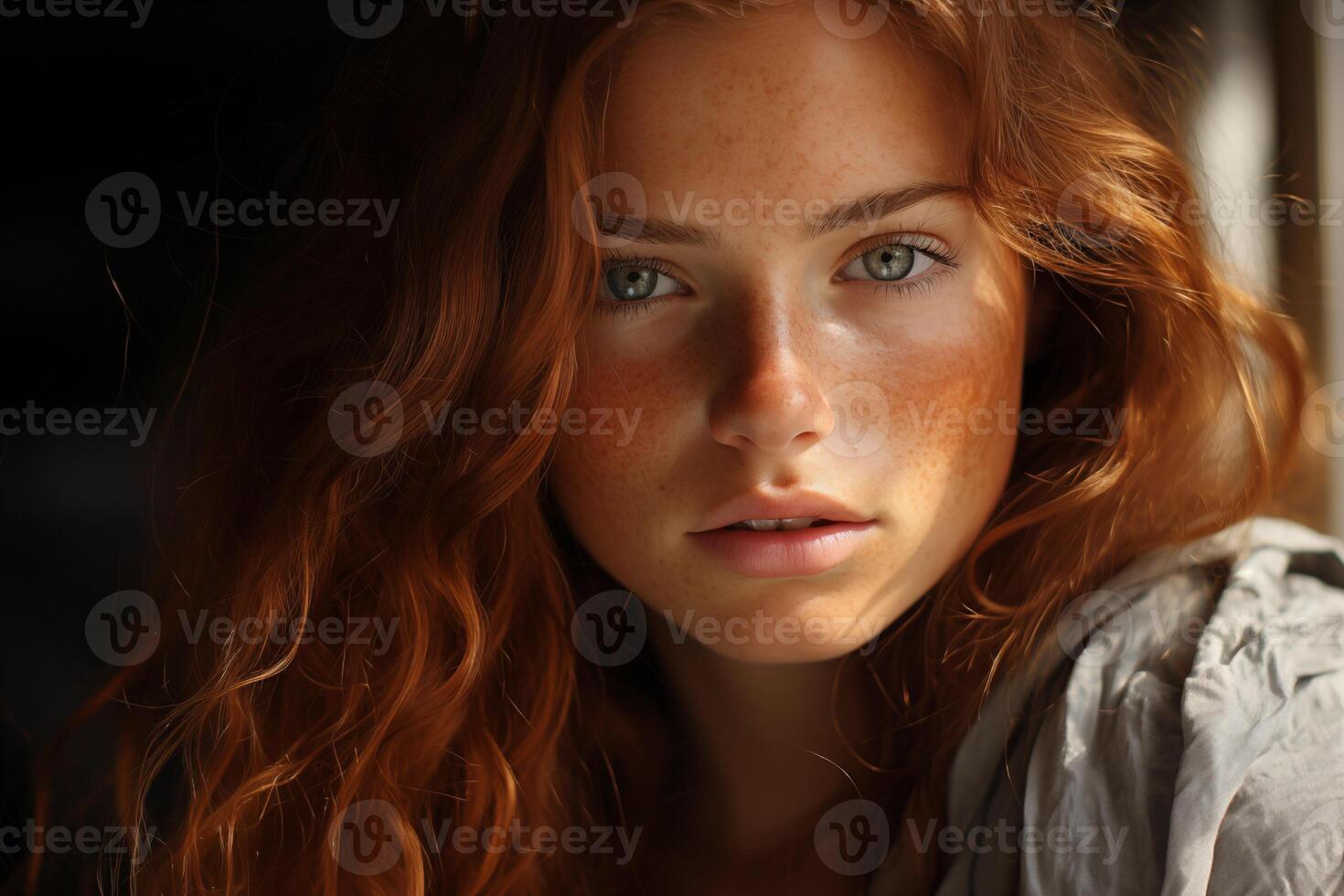 AI generated Beautiful redhead girl with freckles and natural light of the sunset photo