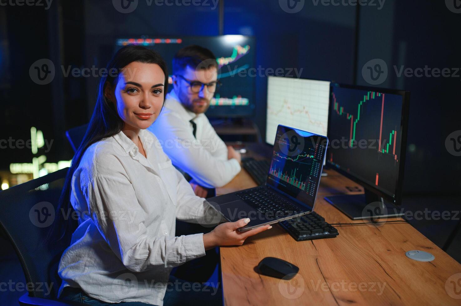 Business team investment working with computer, planning and analyzing graph stock market trading with stock chart data photo