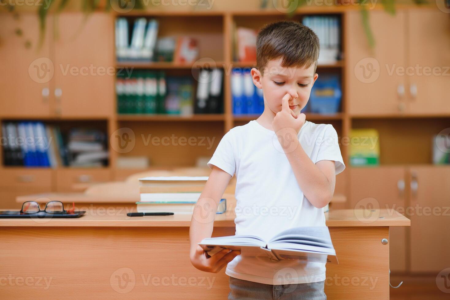 Boy in the school classroom. The concept of schooling photo