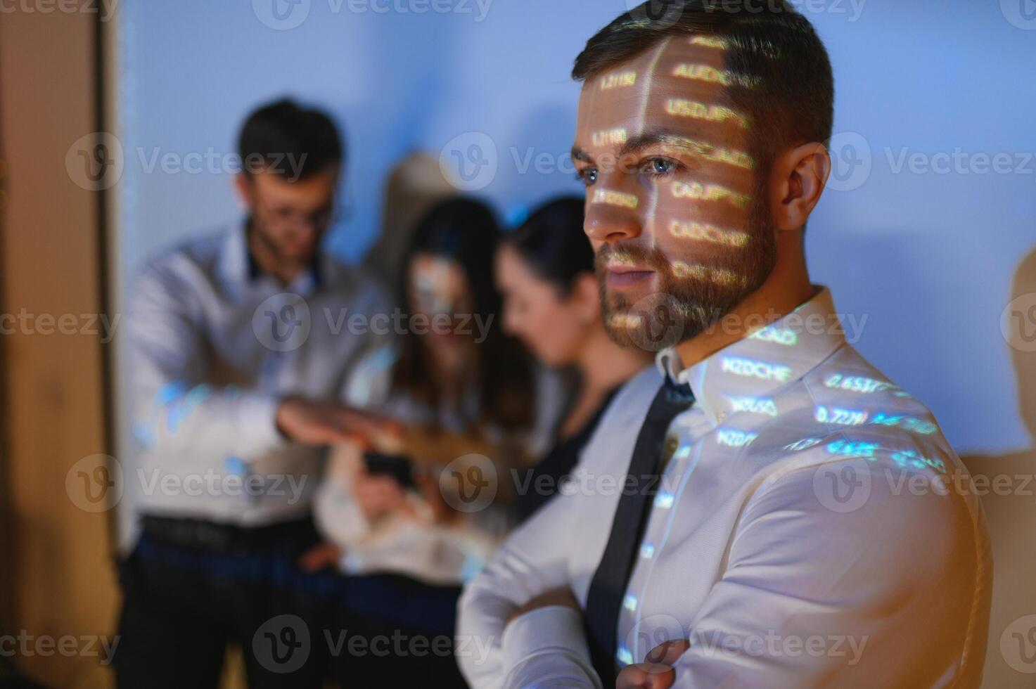 Group of business people working at modern office.Technical price graph, red and blue candlestick chart and stock trading computer screen background. Double exposure. Traders analyzing data photo