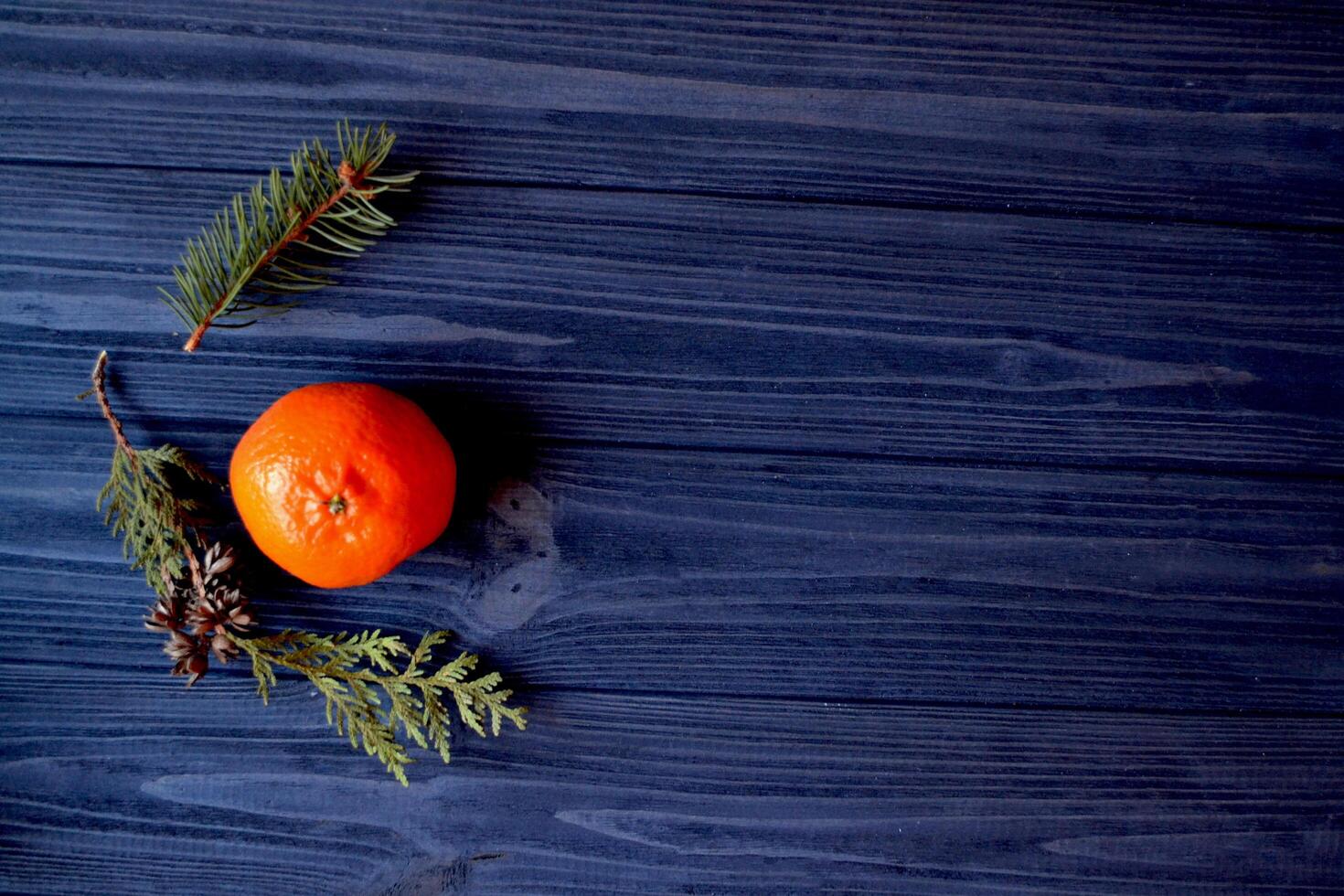 Flat lay background with branches of fir-tree and tangerine. Orange mandarine and green branches of fir-tree on the dark blue wooden table. Background with place for text. photo