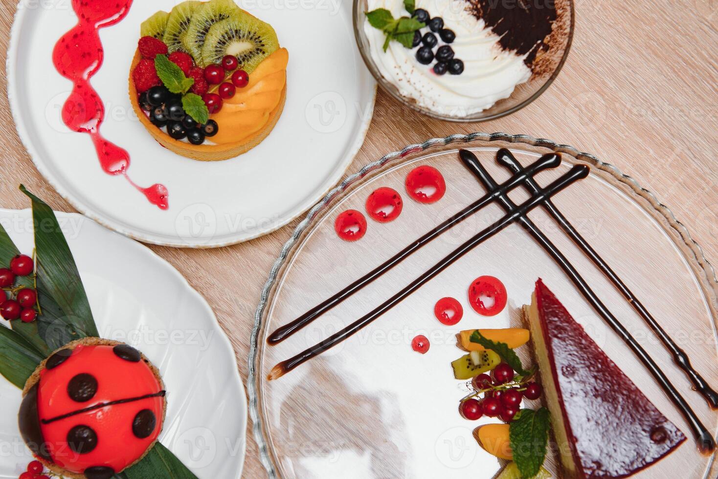 different desserts on the table in a cafe photo