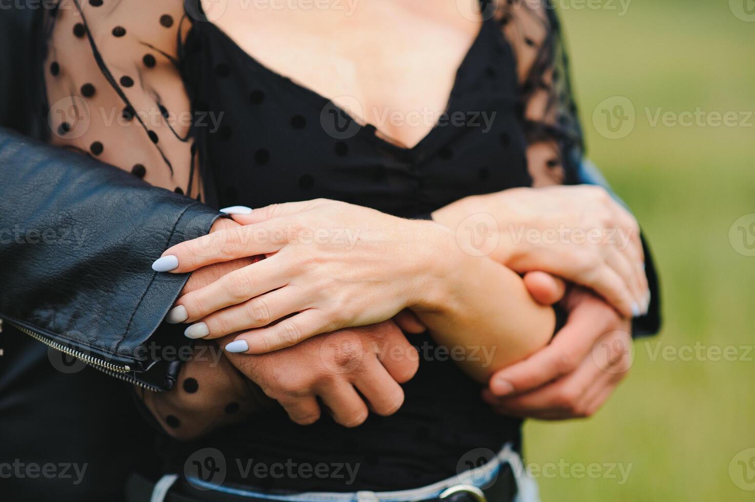 happy couple in love at sunset and smiling photo