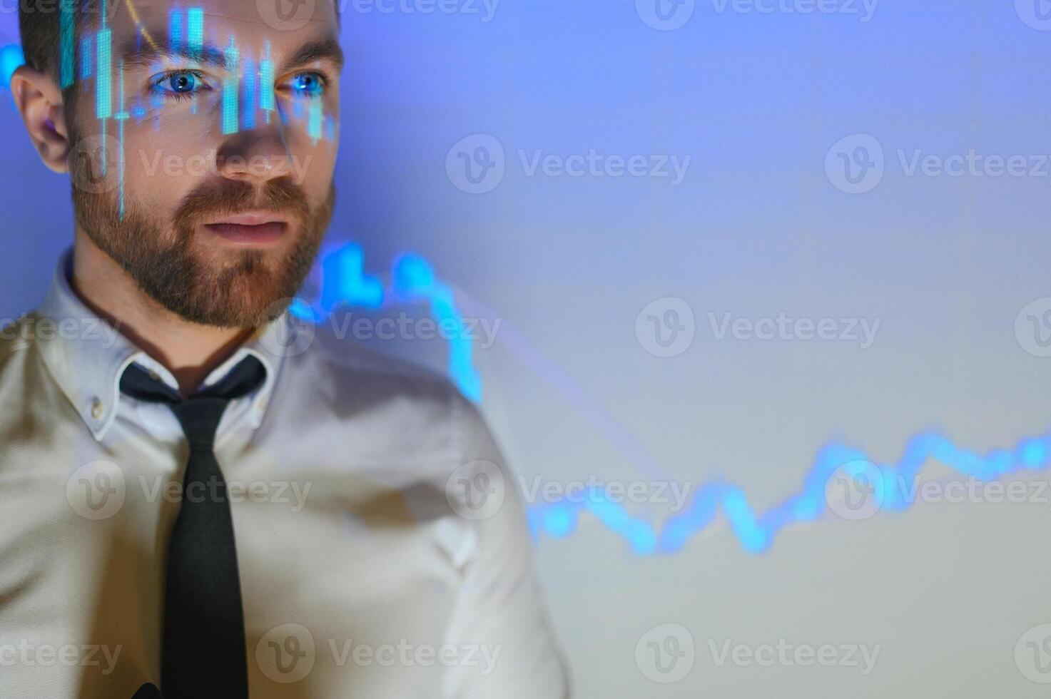 Stock Market Trader Working Investment Charts, Graphs, Ticker, Diagrams Projected on His Face. Financial Analyst and Digital Businessman Selling Shorts and Buying Longs photo