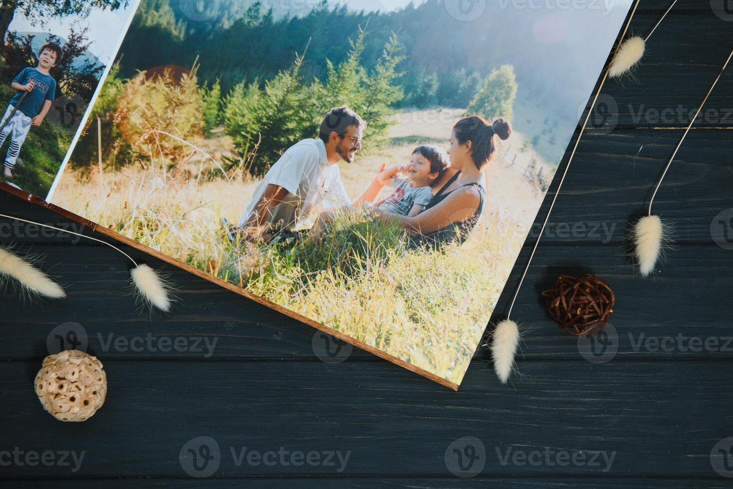 premium photo book, large size, natural wood cover, quality binding. Family photobook, recreation memories