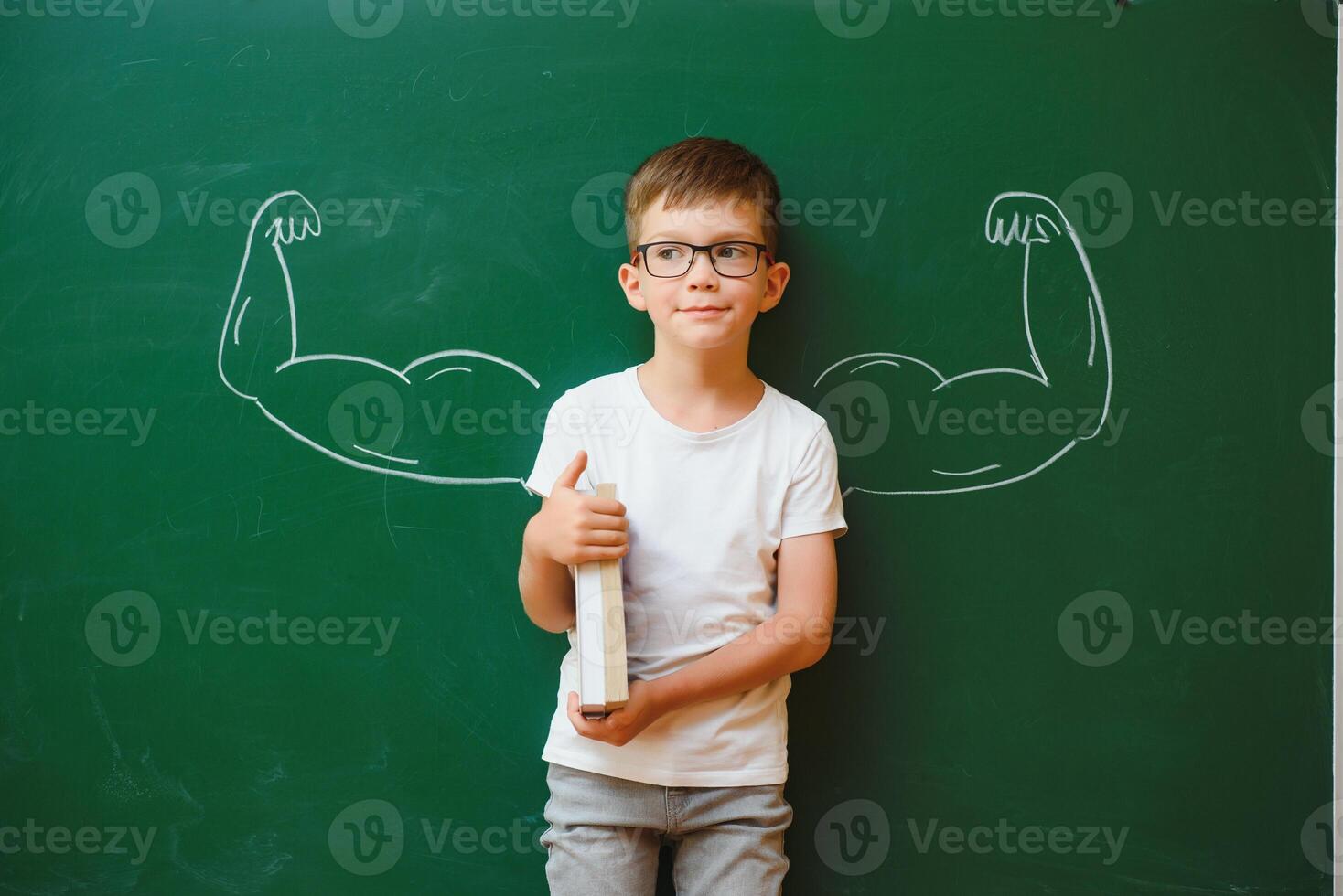 Back to school concept. School child in class. Happy kid against green blackboard. Smart child in classroom. Idea and education concept photo