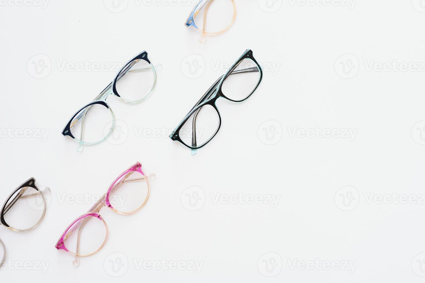 Child's plastic frame for glasses. Mock up for the design of optics store and shop, eye clinic. Glasses for reading and distance, correction of sight. Beautiful eyeglasses rim. photo