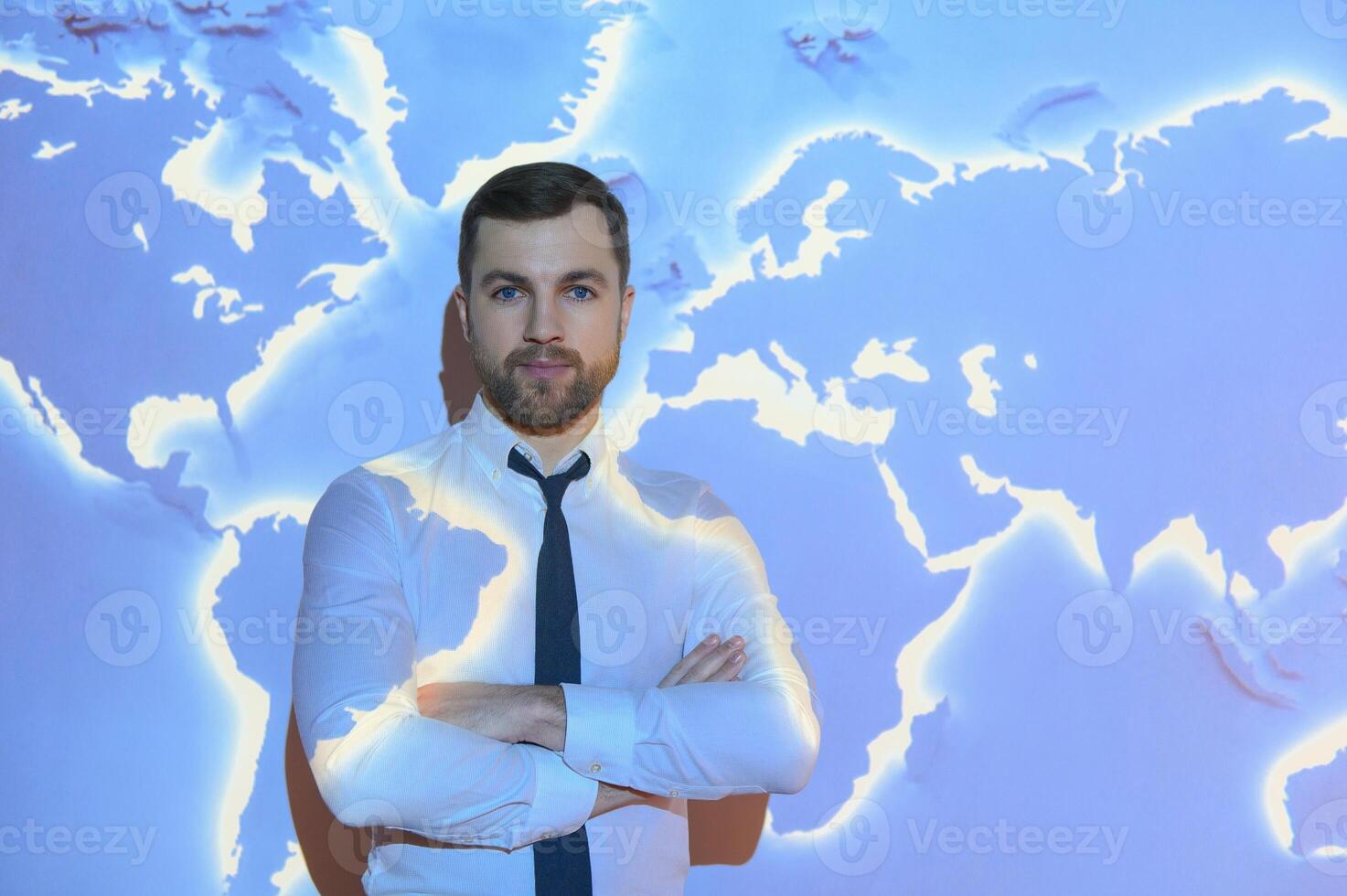 International business concept with businessman on background with network on map. photo