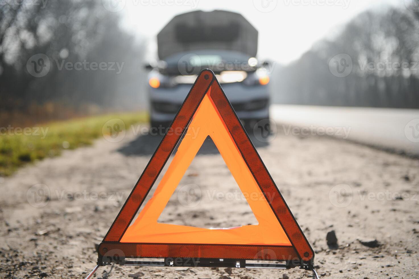 Sad man near broken car searching help in field photo