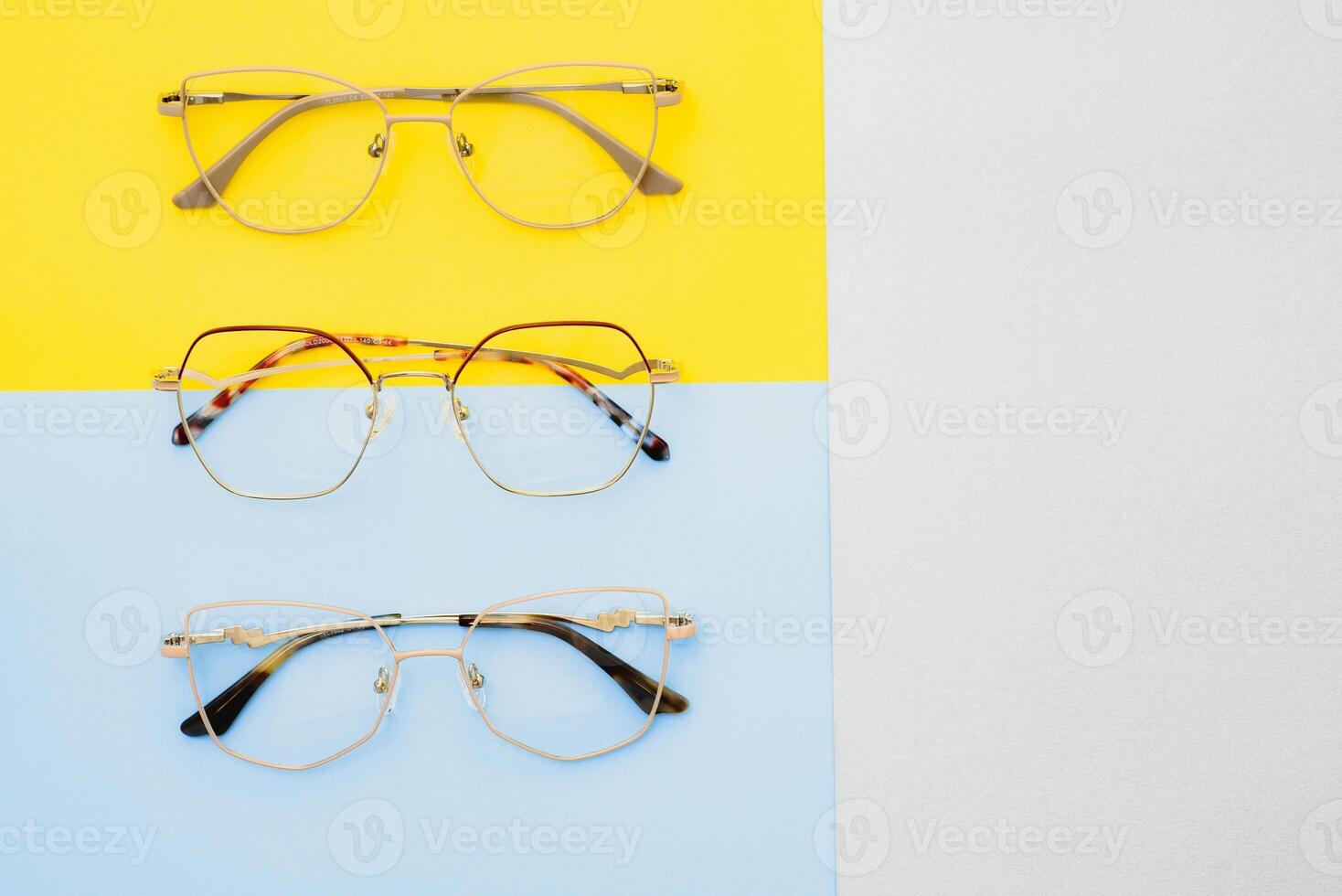 Poster of glasses on pastel background. Optics. Vision. photo