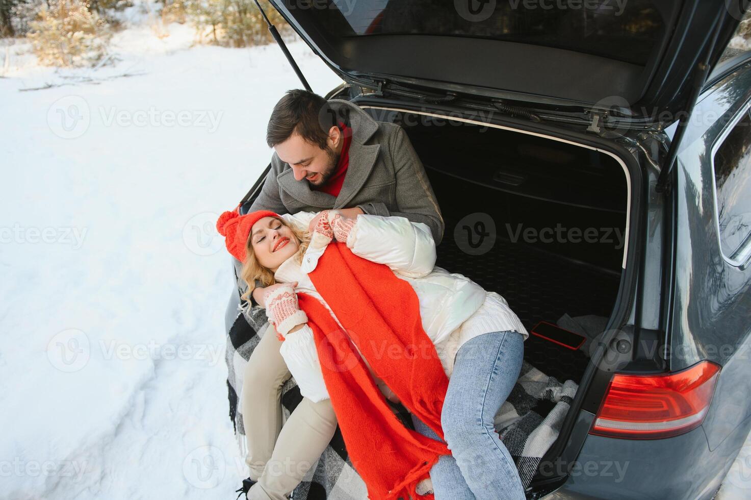 lovely smiling couple sitting in car trunk in winter forest photo