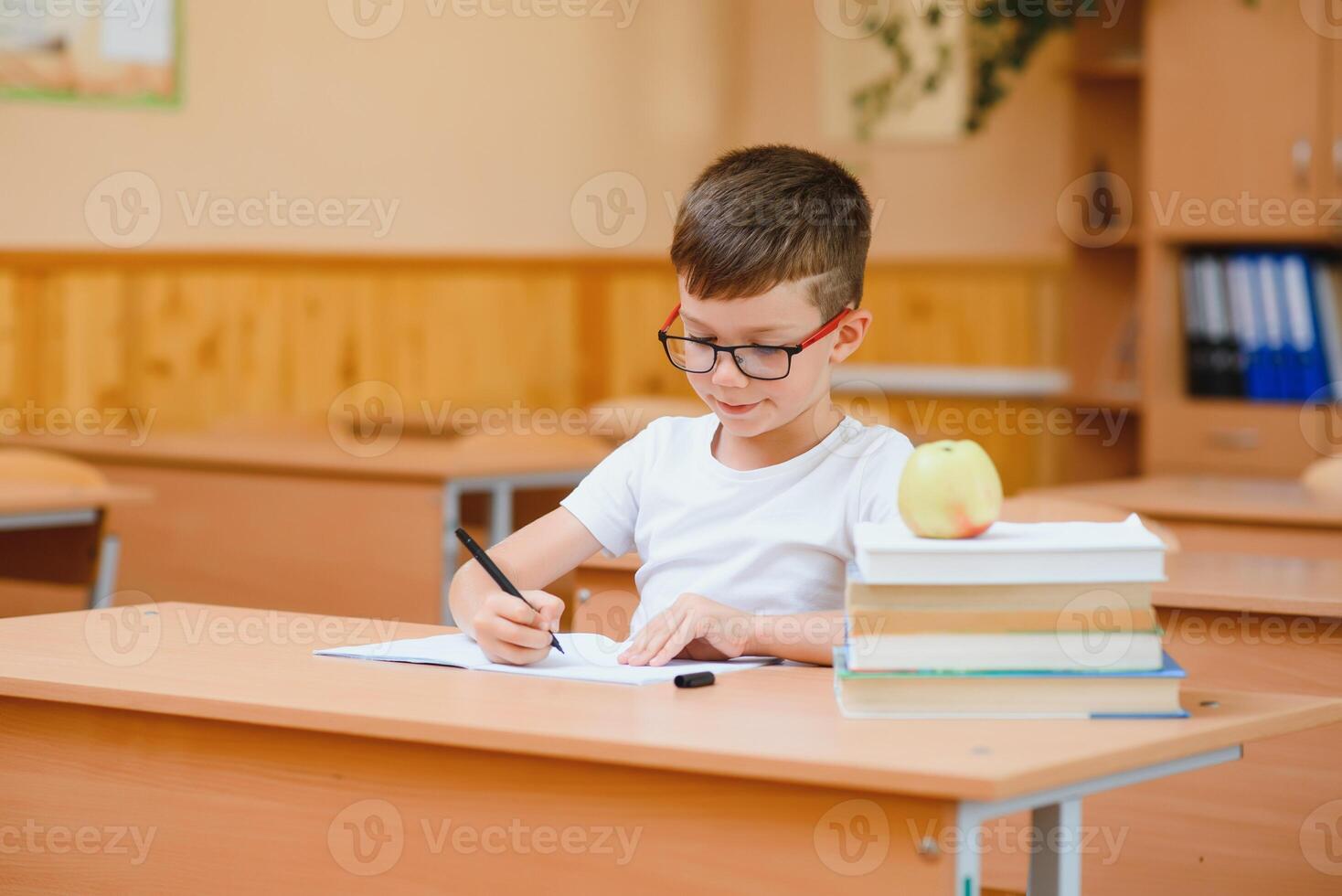 School boy in classroom at lesson photo
