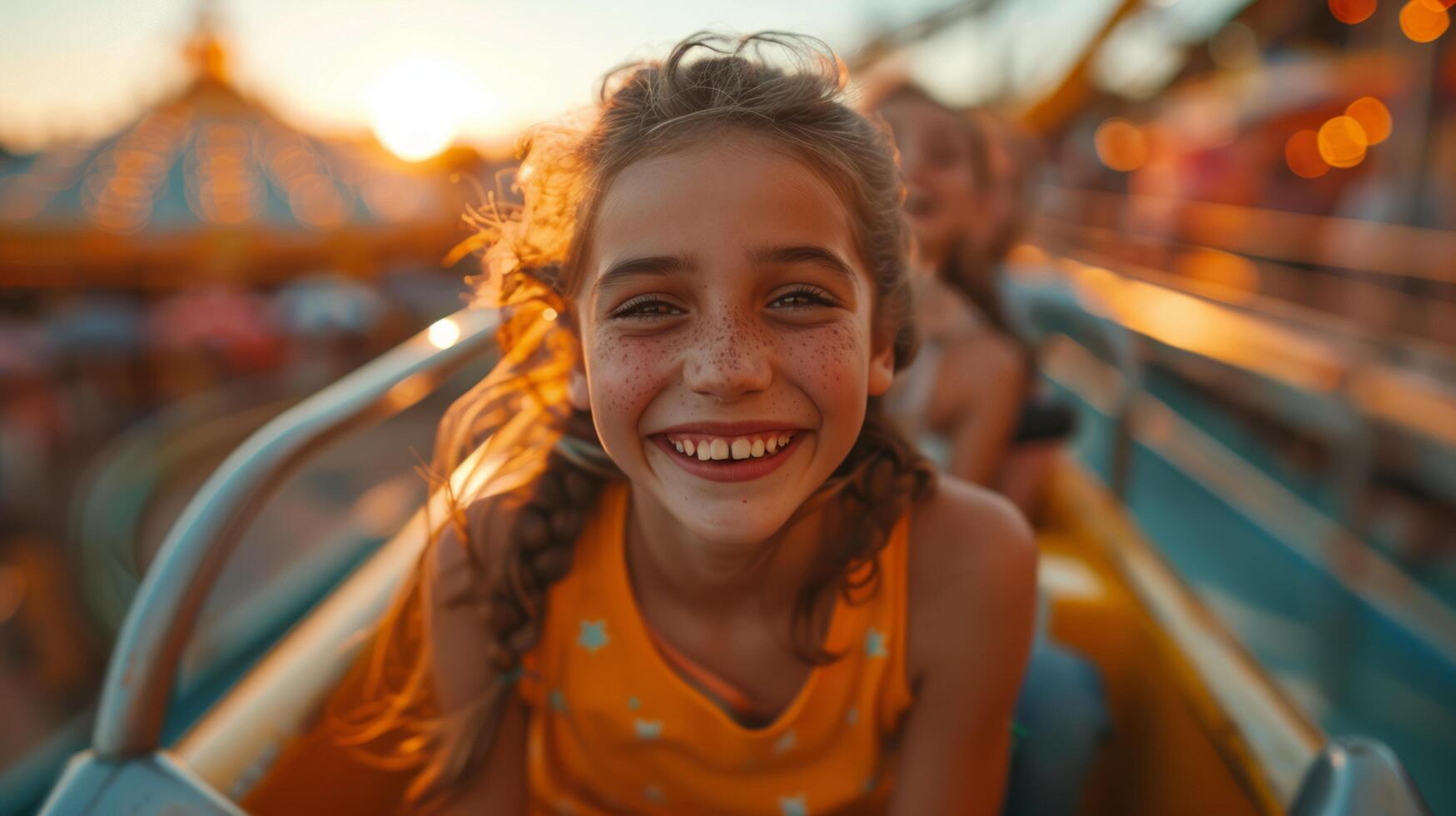 AI generated Woman Smiles While Riding Roller Coaster photo