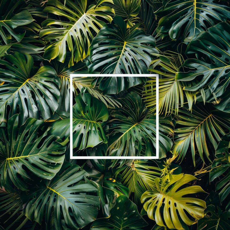 AI generated Square Frame Surrounded by Green Leaves photo
