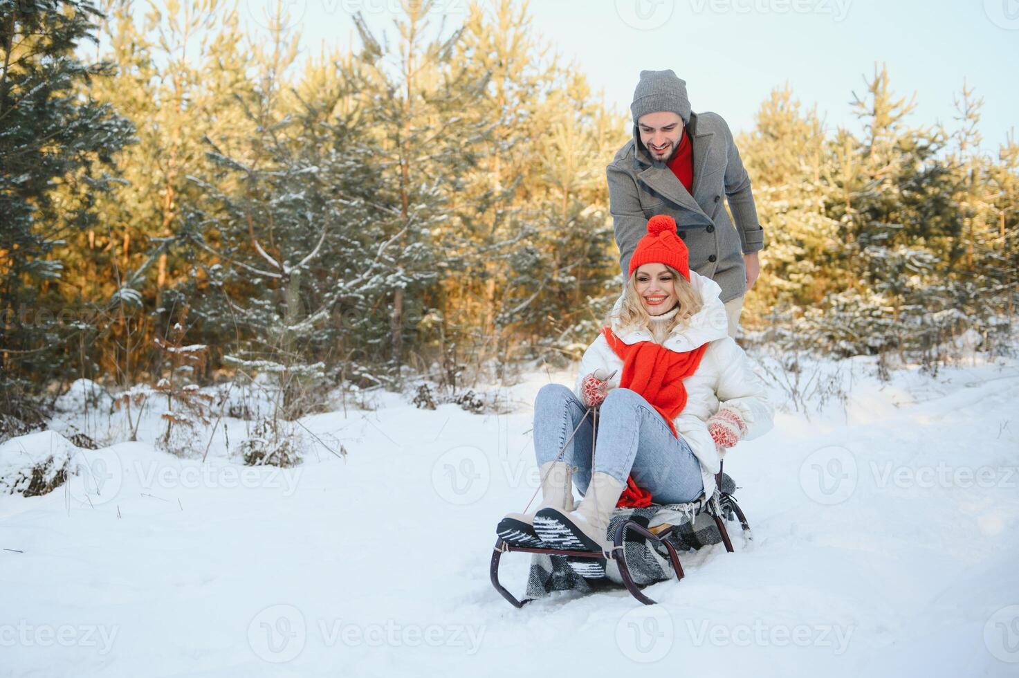Young happy couple sledding in winter at forest photo