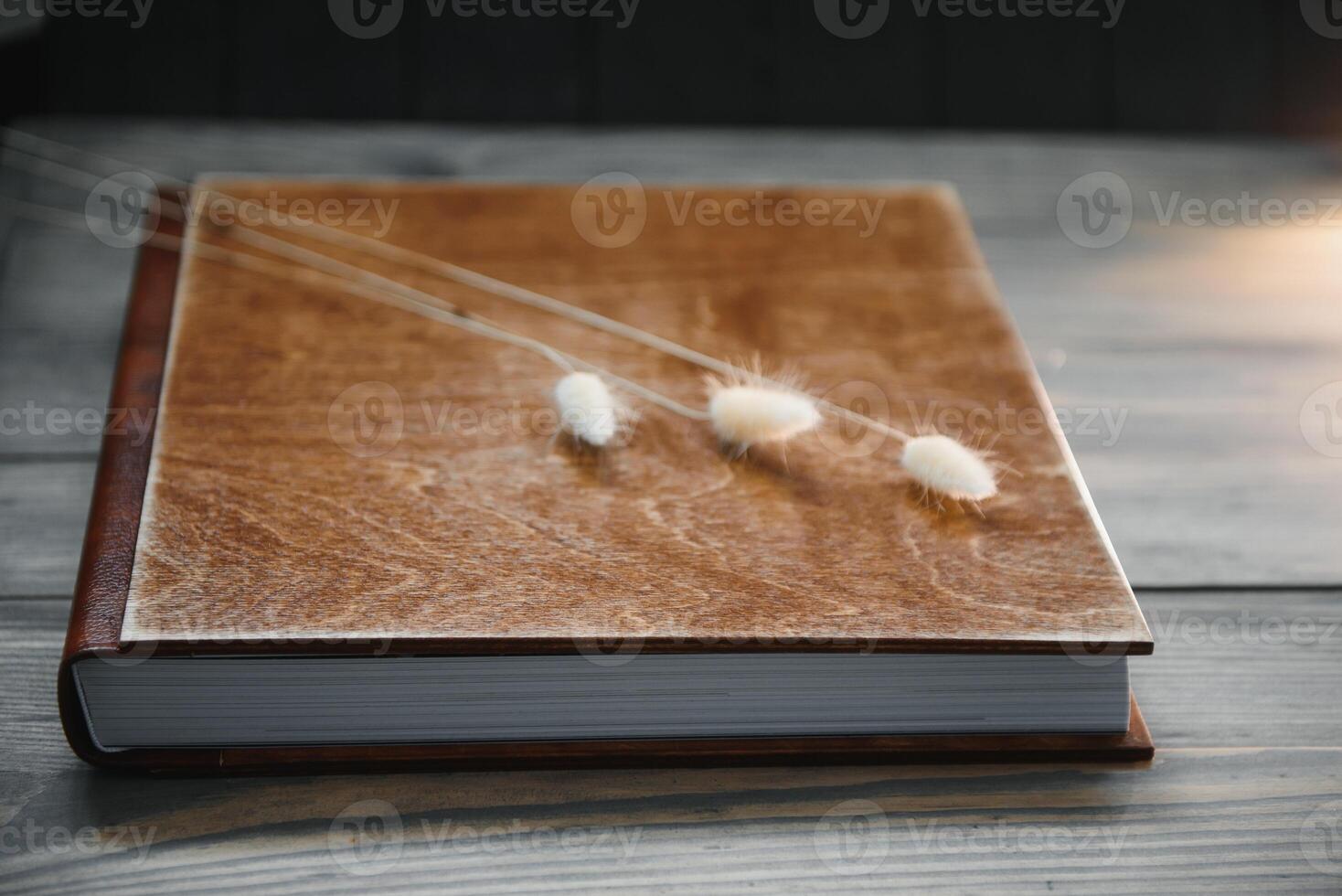 familia foto libro con realce. foto libro en un de madera antecedentes. marrón foto libro con madera cubrir. album de fotos con un difícil cubrir. Boda foto álbum.