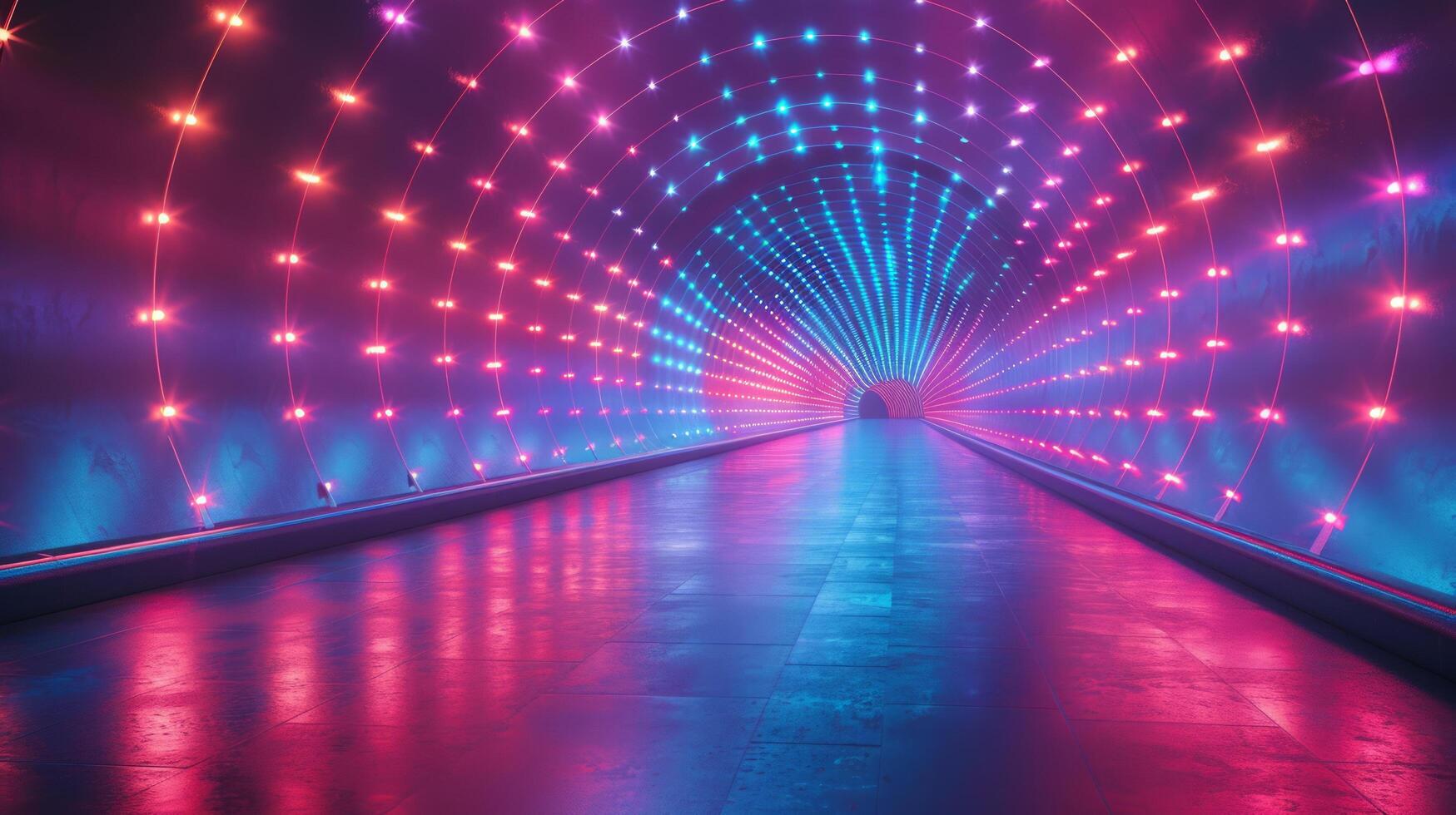 AI generated Woman Walking Through Tunnel With Colorful Lights photo