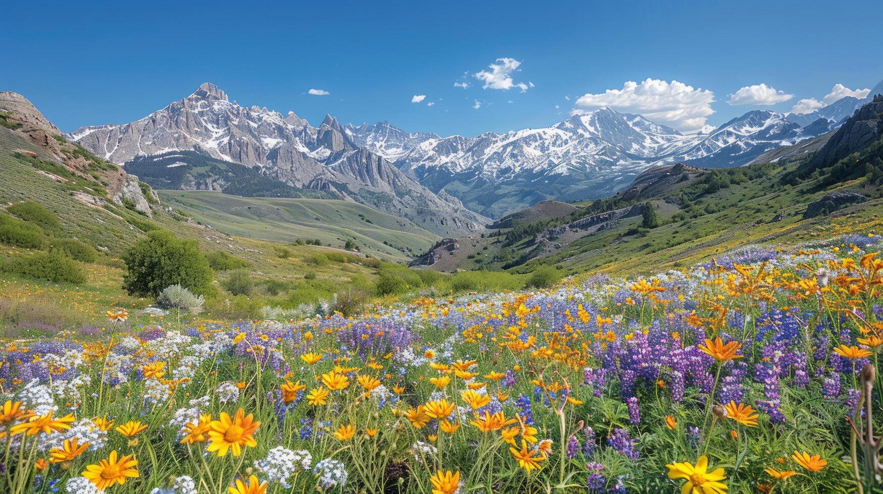 AI generated Stream Flowing Through Lush Green Valley photo