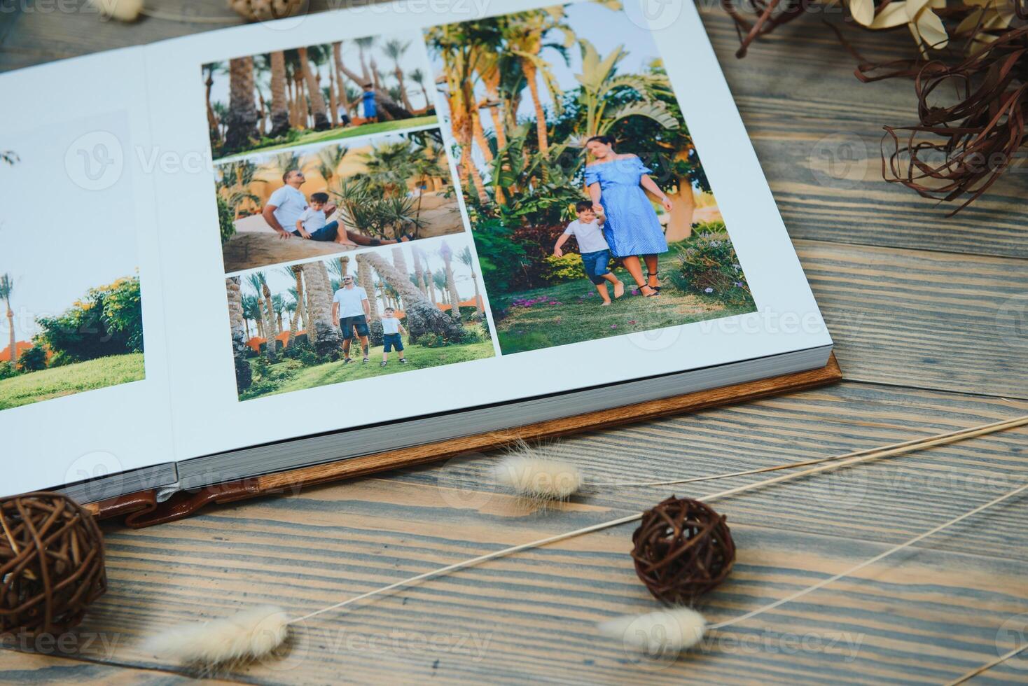 premium photo book, large size, natural wood cover, quality binding. Family photobook, recreation memories