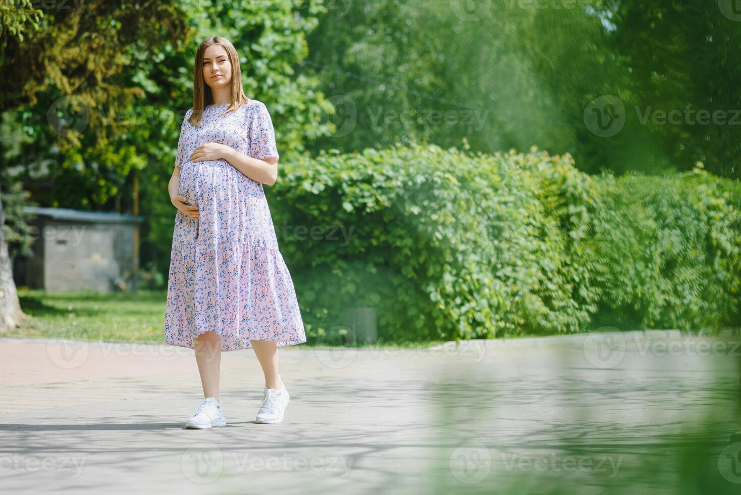 The pregnant girl on walk in city park photo