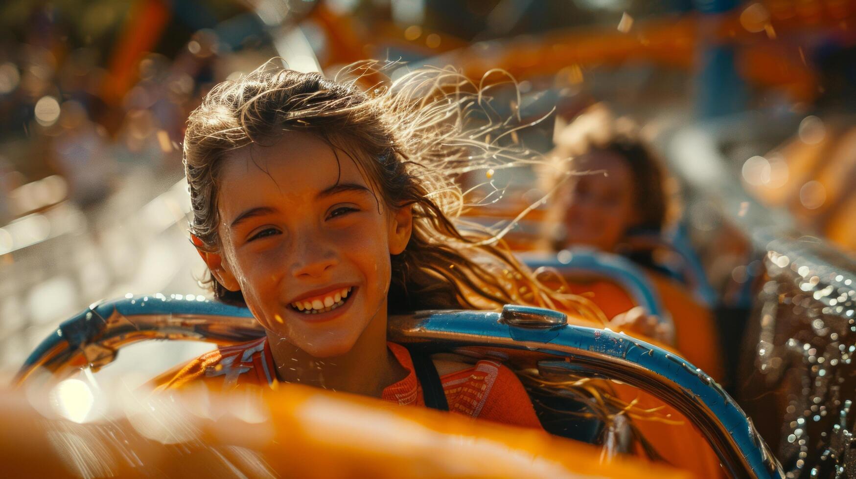AI generated Girl Smiles Riding Roller Coaster photo