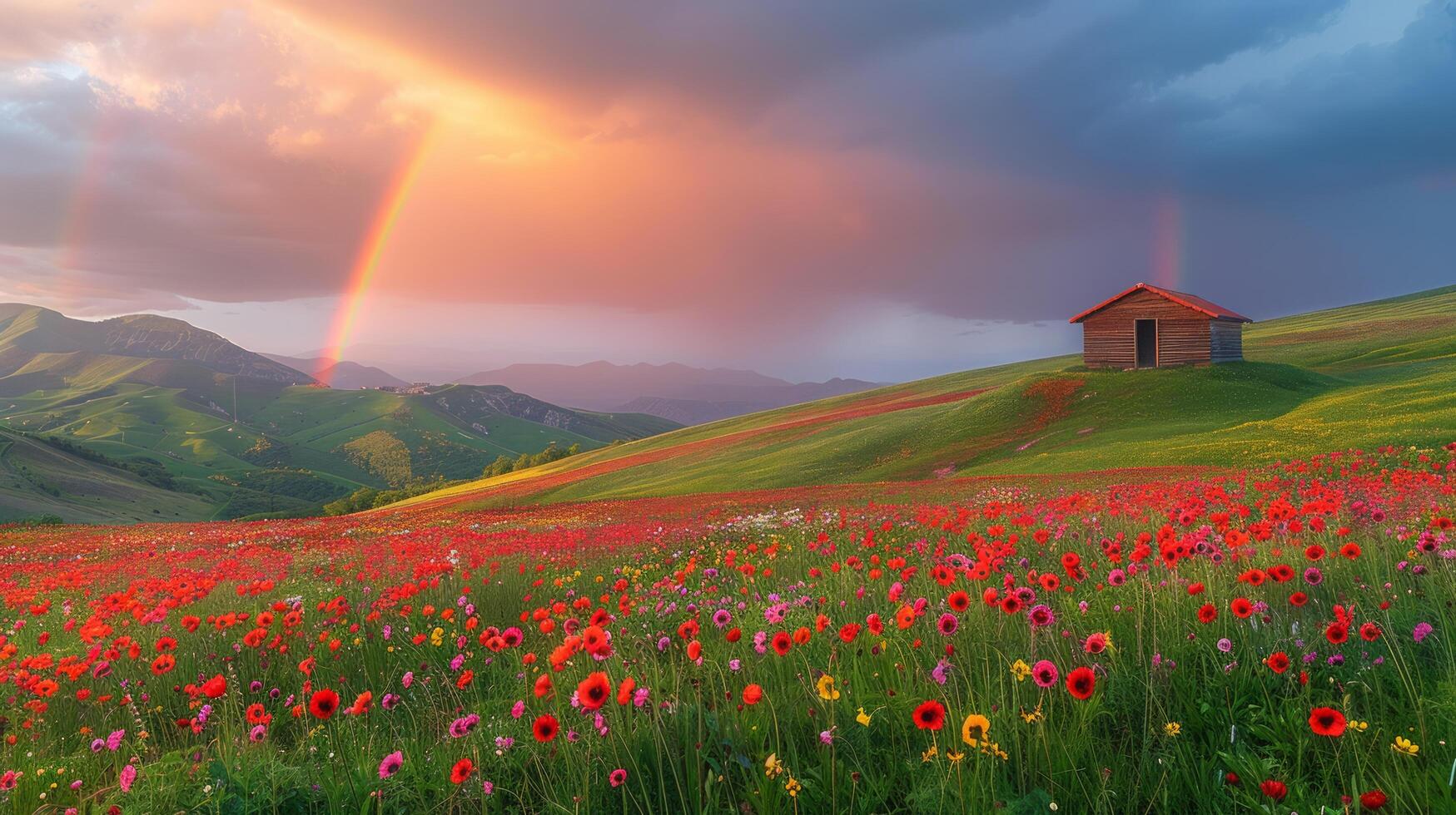 AI generated Field With Flowers and Rainbow in the Sky photo