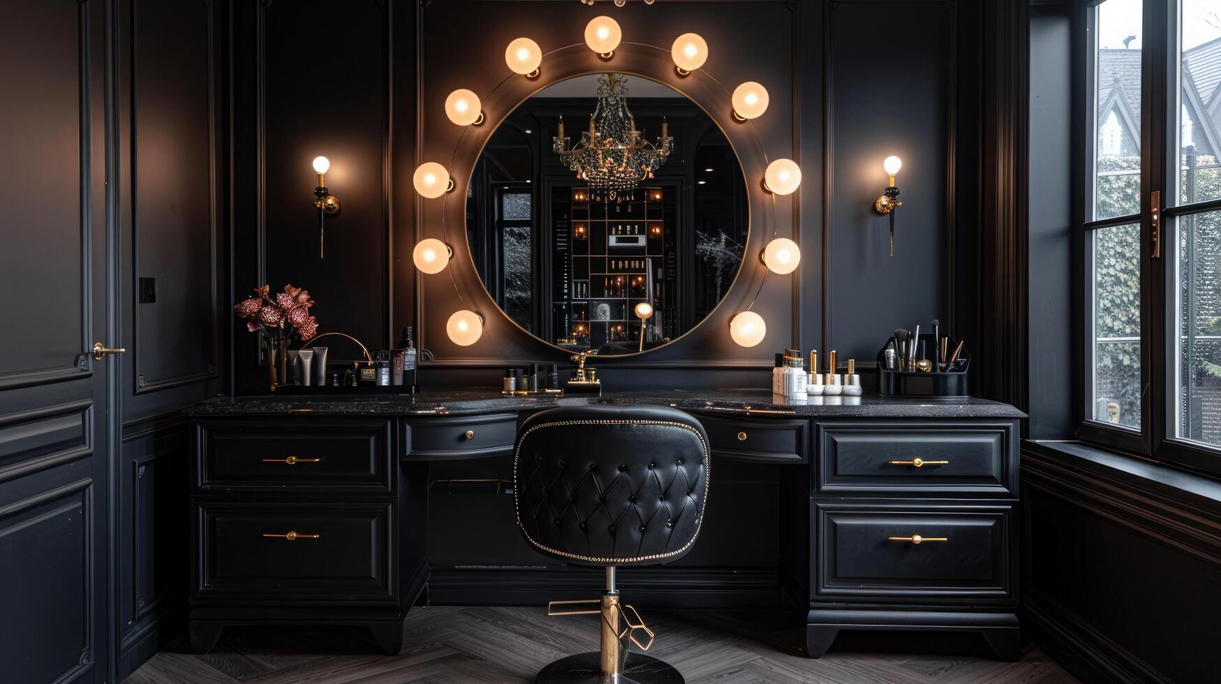 AI generated Elegant Dressing Room With Vanity and Large Mirror photo