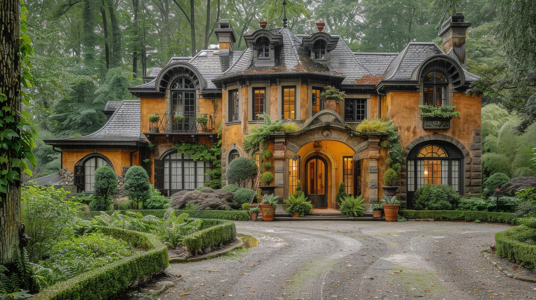 AI generated Grand House Covered in Abundant Plants photo
