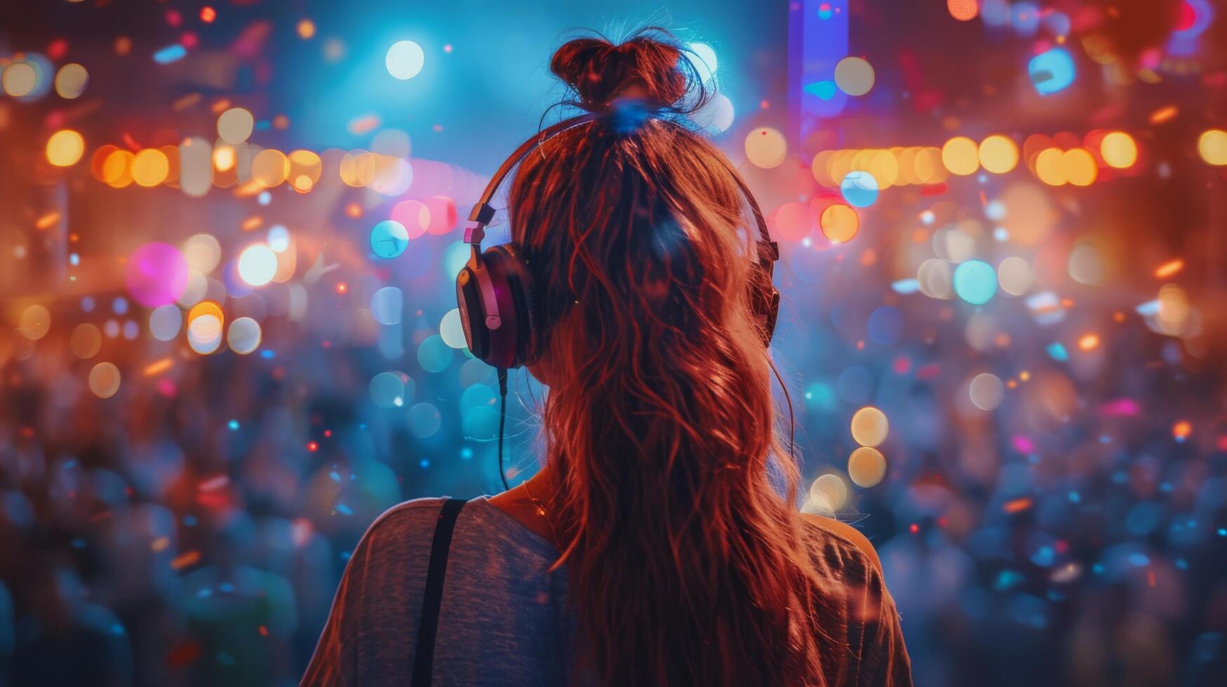 AI generated Woman With Headphones in Front of Crowd photo